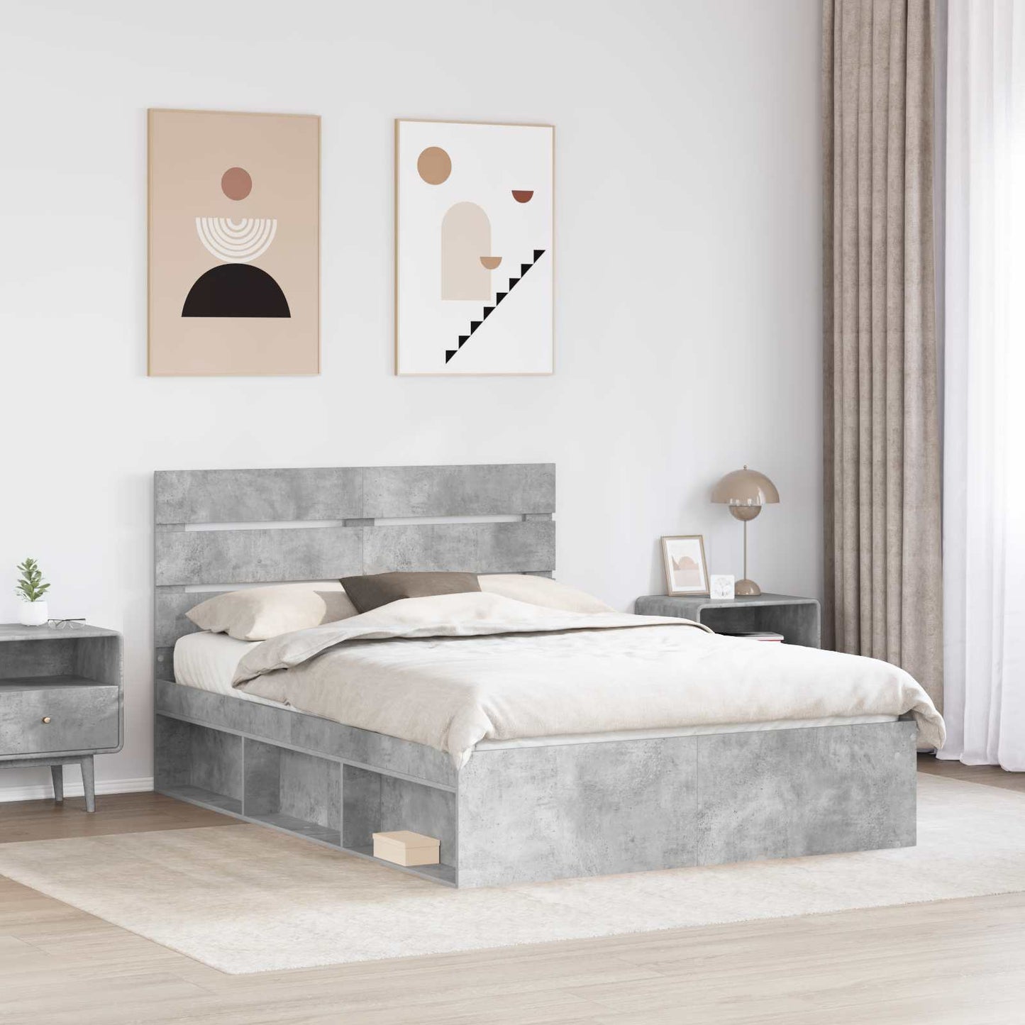 Sengestamme med hodegjerde Betonggrå 150 x 200 cm Massiv furu