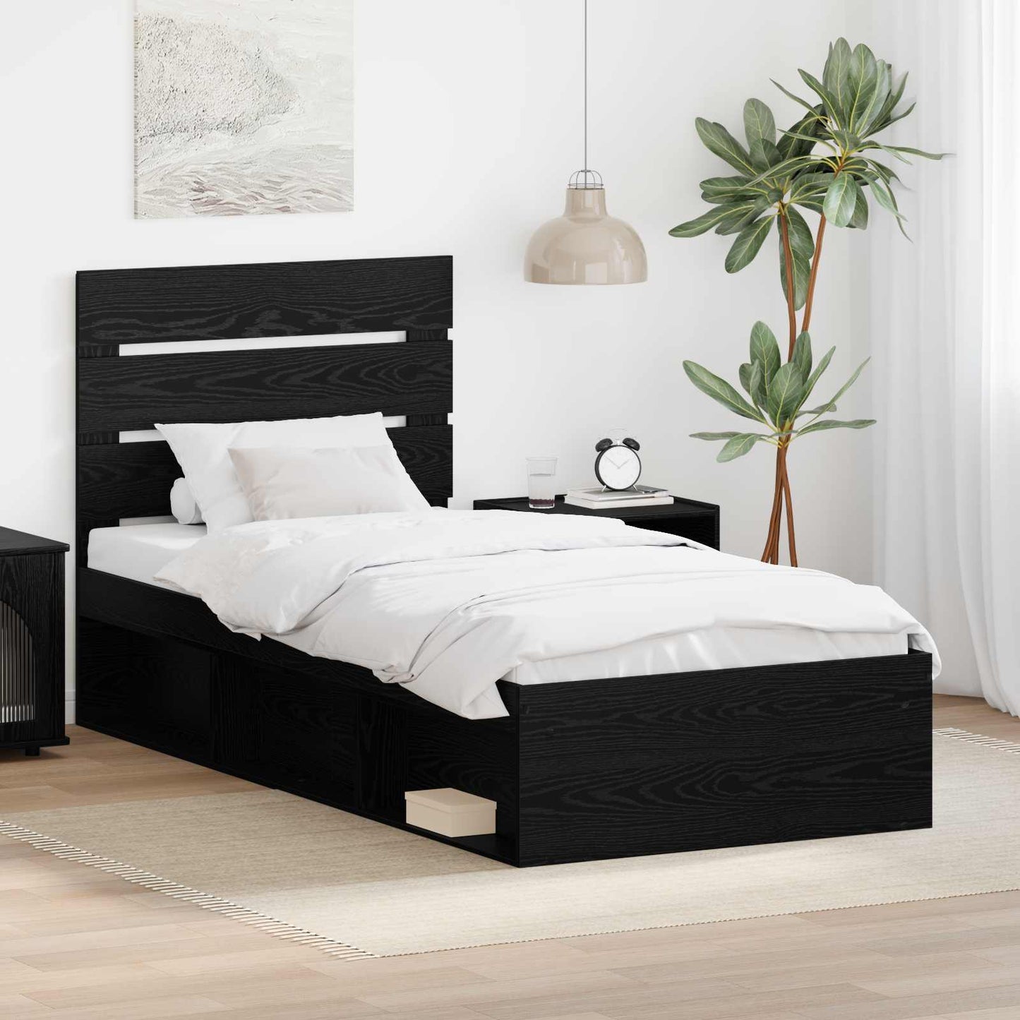 Sengestamme med hodegjerde Svart 90 x 200 cm Massiv furu