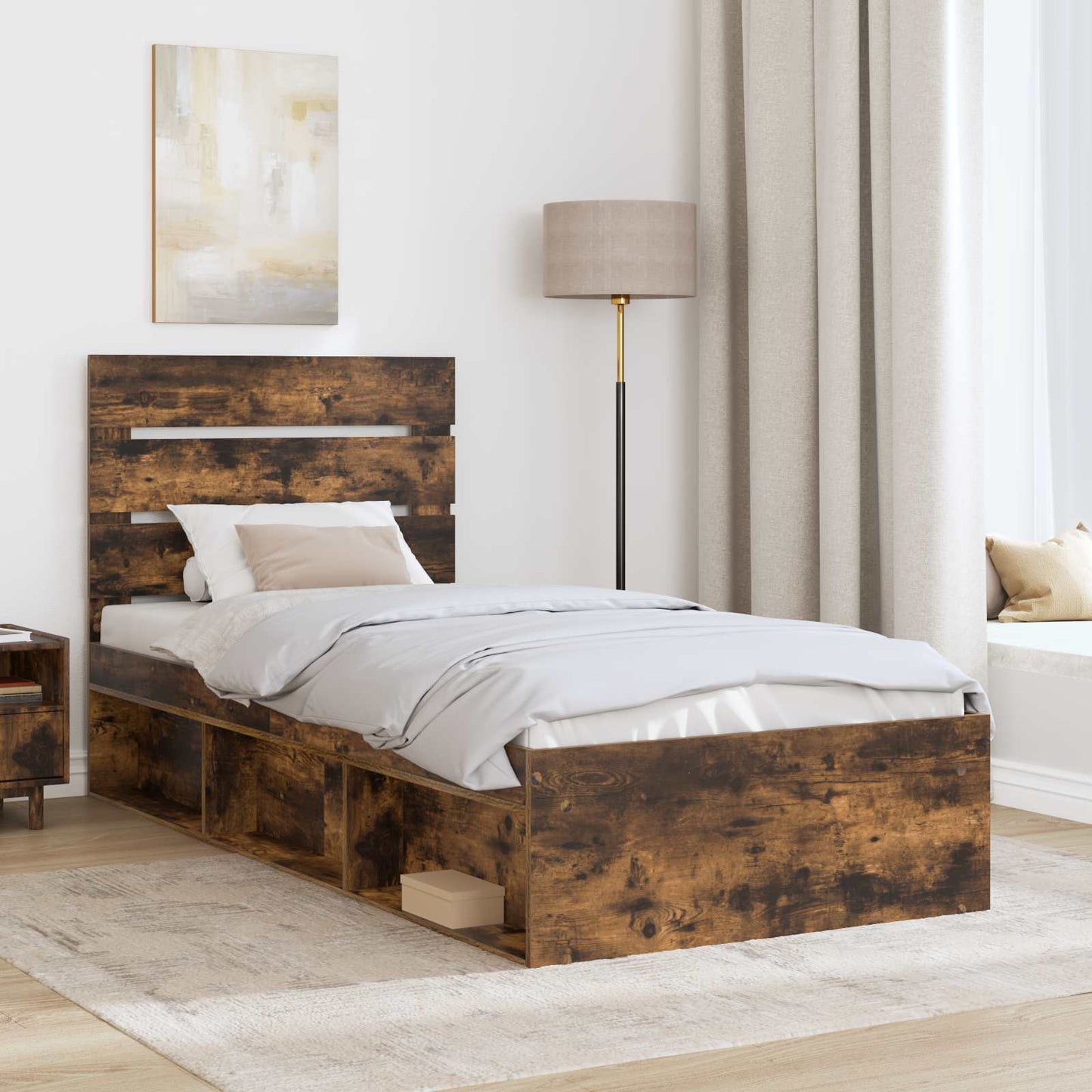 Sengestamme med hodegjerde Røkt eik 75 x 190 cm Massiv furu