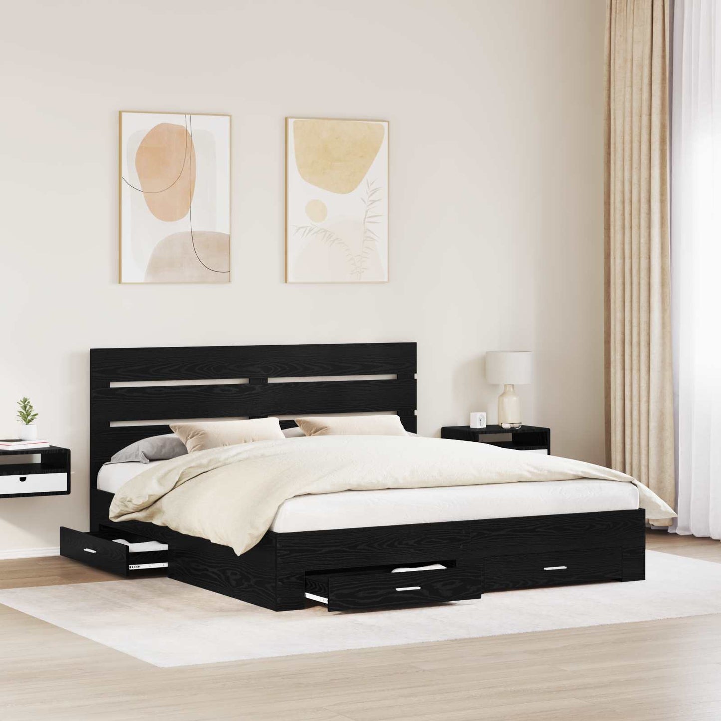 Sengestamme med skuff Svart Eik 180 x 200 cm Konstruert tre