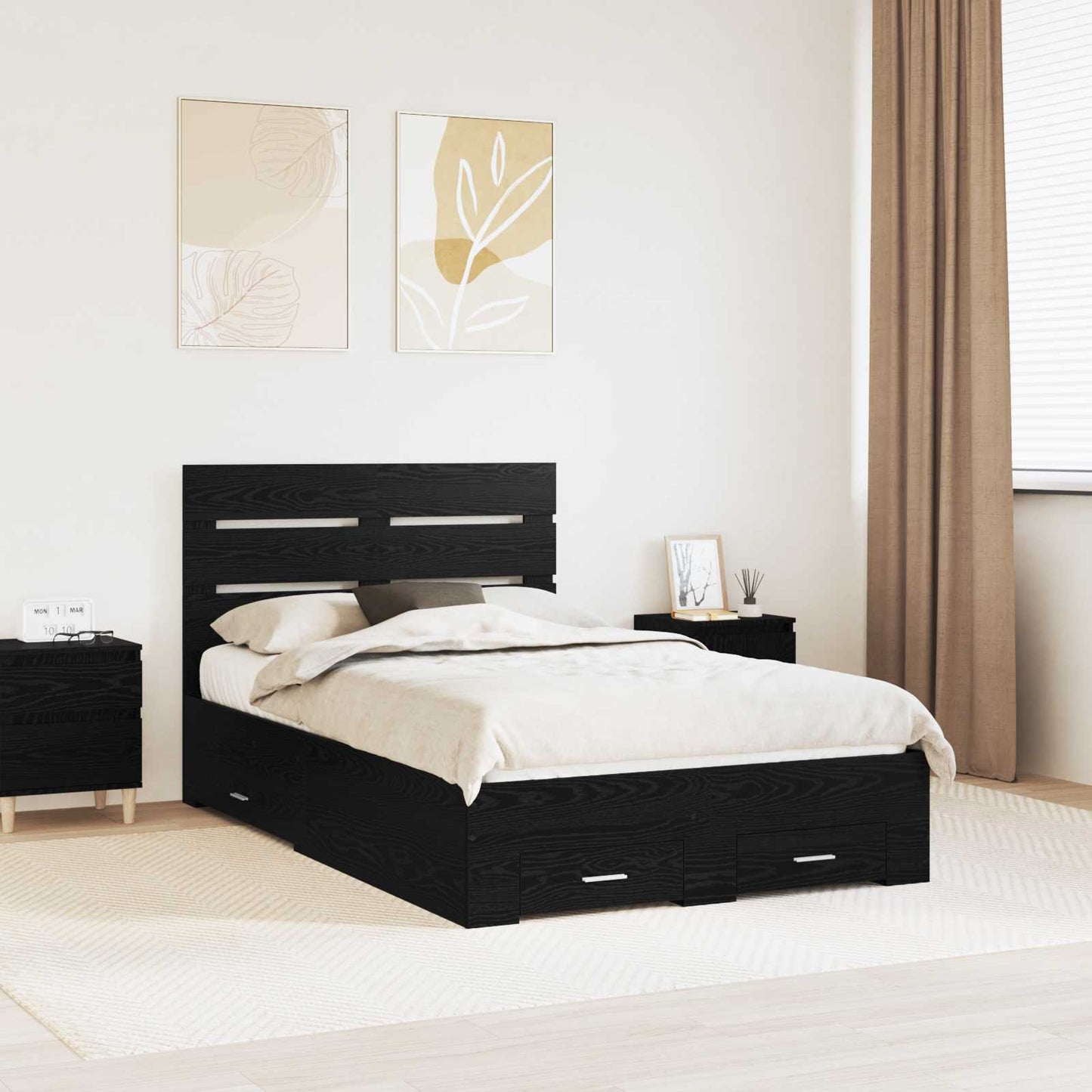 Sengestamme med skuff Svart Eik 135 x 190 cm Konstruert tre