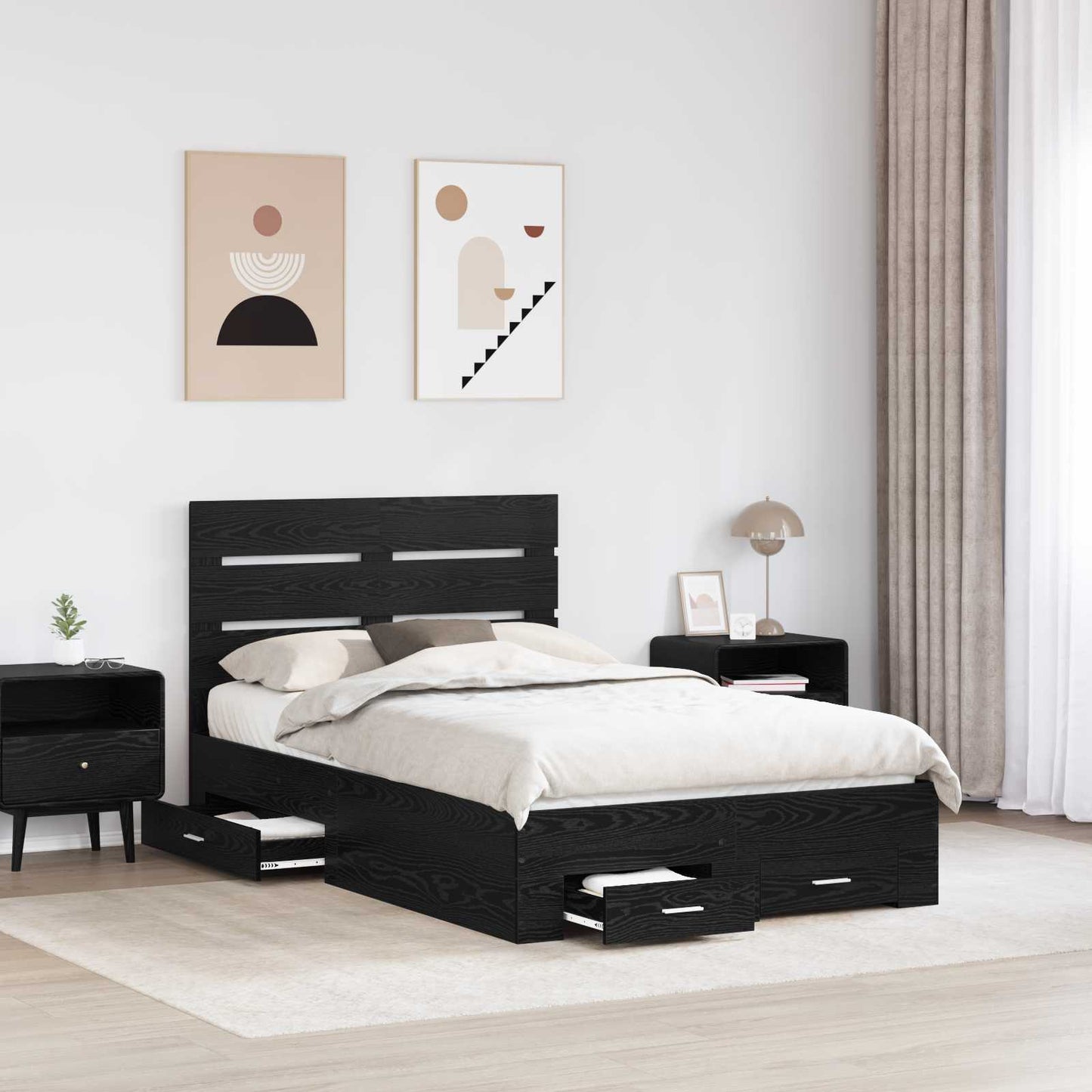 Sengestamme med skuff Svart Eik 135 x 190 cm Konstruert tre