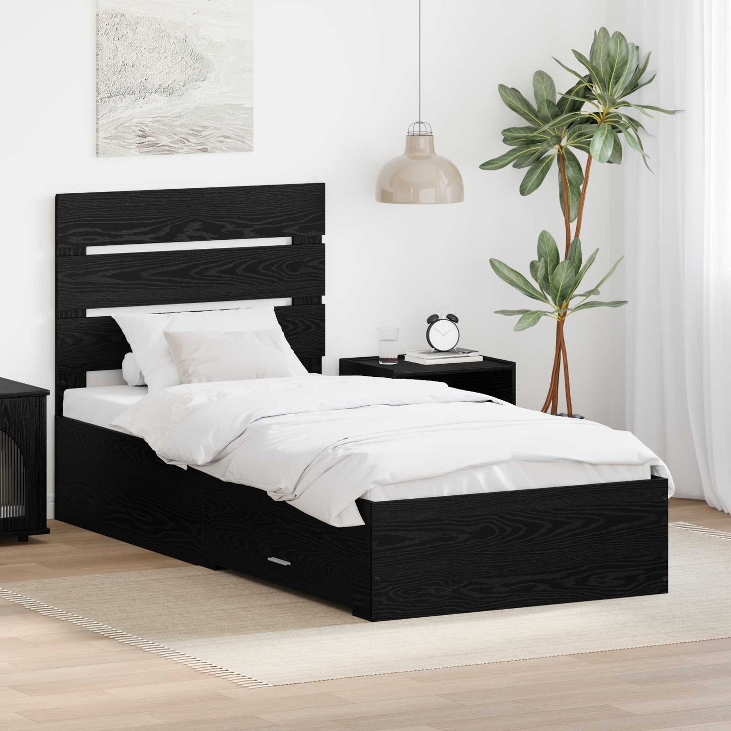 Sengestamme med skuff Svart Eik 90 x 200 cm Konstruert tre
