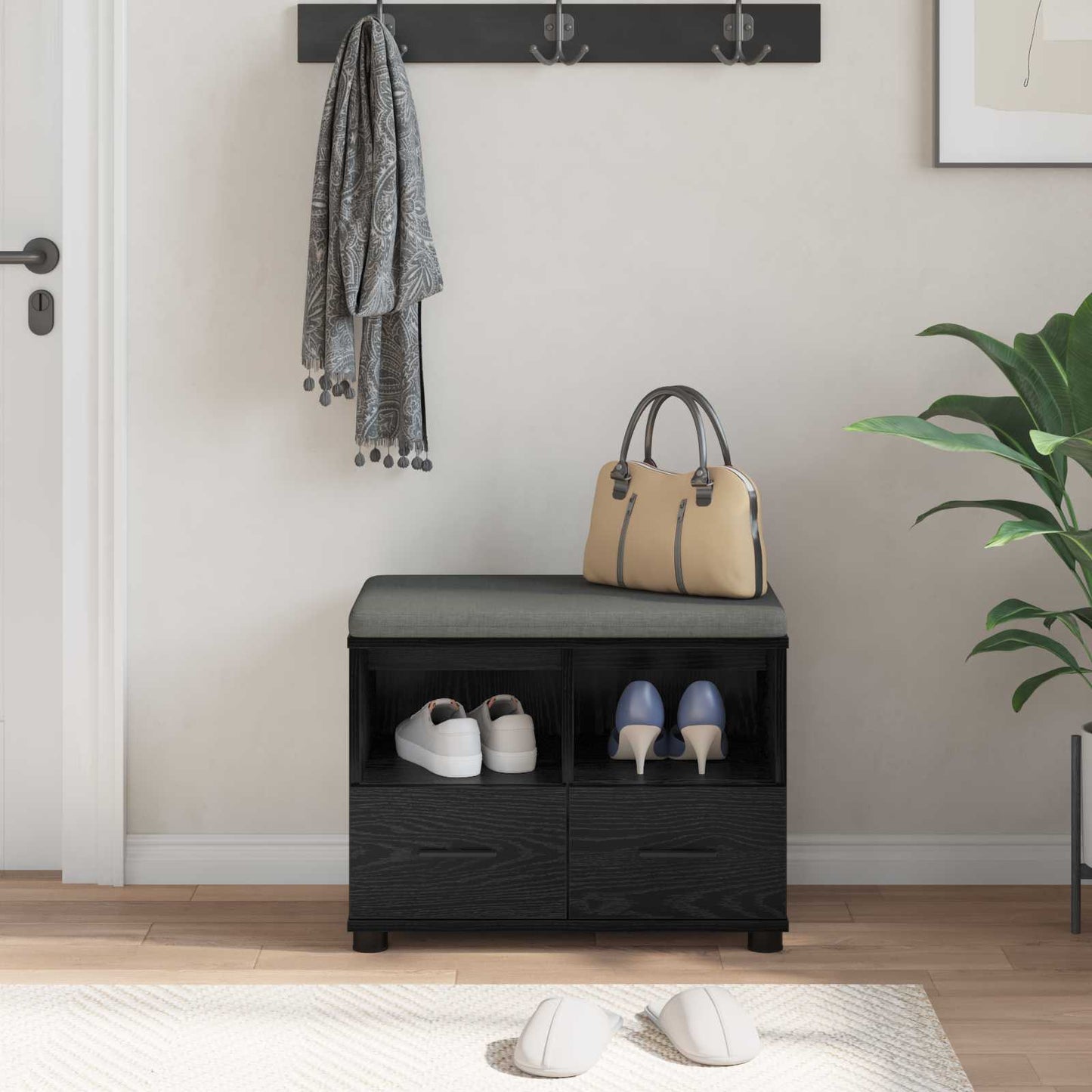 Gangbenk Svart Eik 60 x 38 x 46 cm Konstruert treverk og stoff