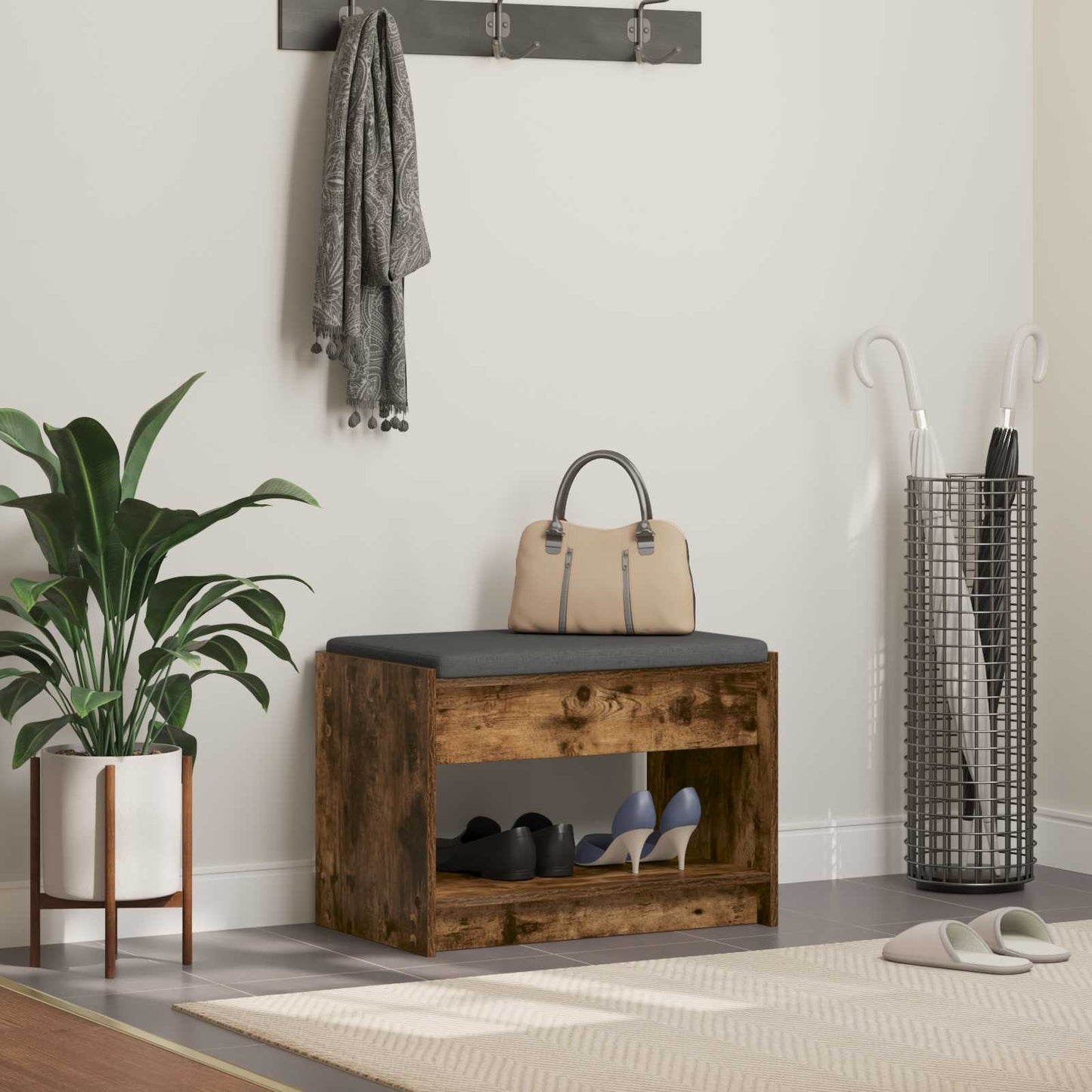 Gangbenk Røkt Eik 63 x 38 x 45 cm Konstruert treverk og stoff vidaXL