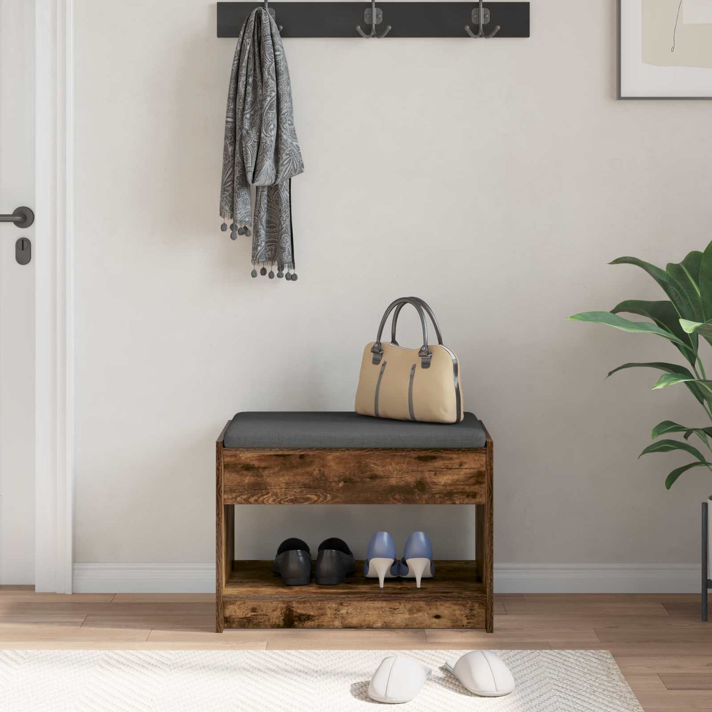Gangbenk Røkt Eik 63 x 38 x 45 cm Konstruert treverk og stoff vidaXL
