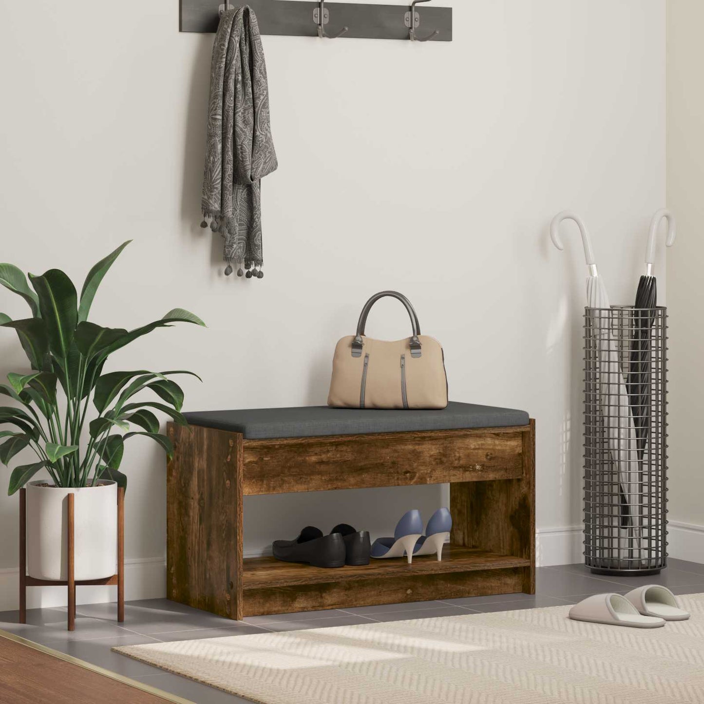 Gangbenk Røkt Eik 83 x 38 x 45 cm Konstruert treverk og stoff vidaXL