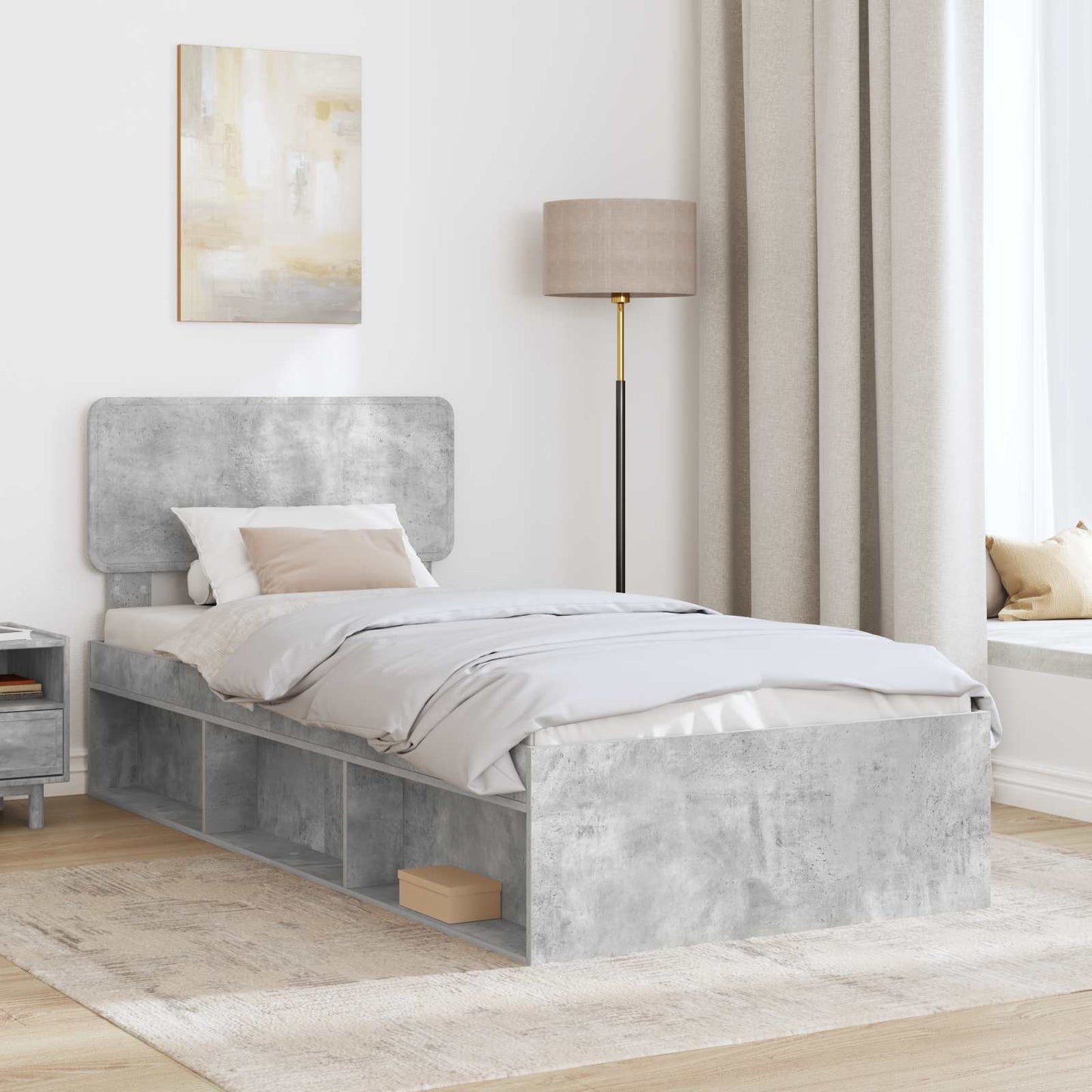 Sengestamme med hodegjerde Betonggrå 90 x 190 cm Massiv furu