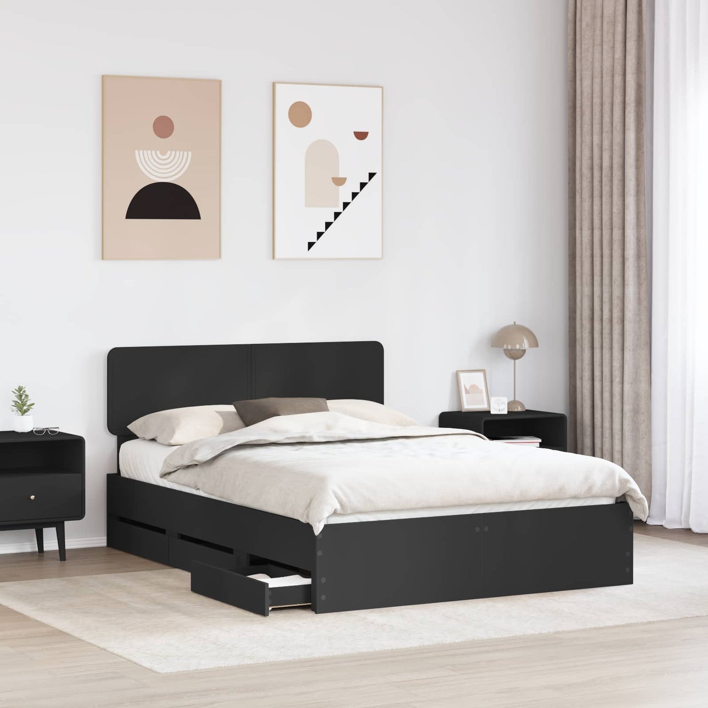 Sengestamme med skuff Svart 150 x 200 cm Konstruert tre