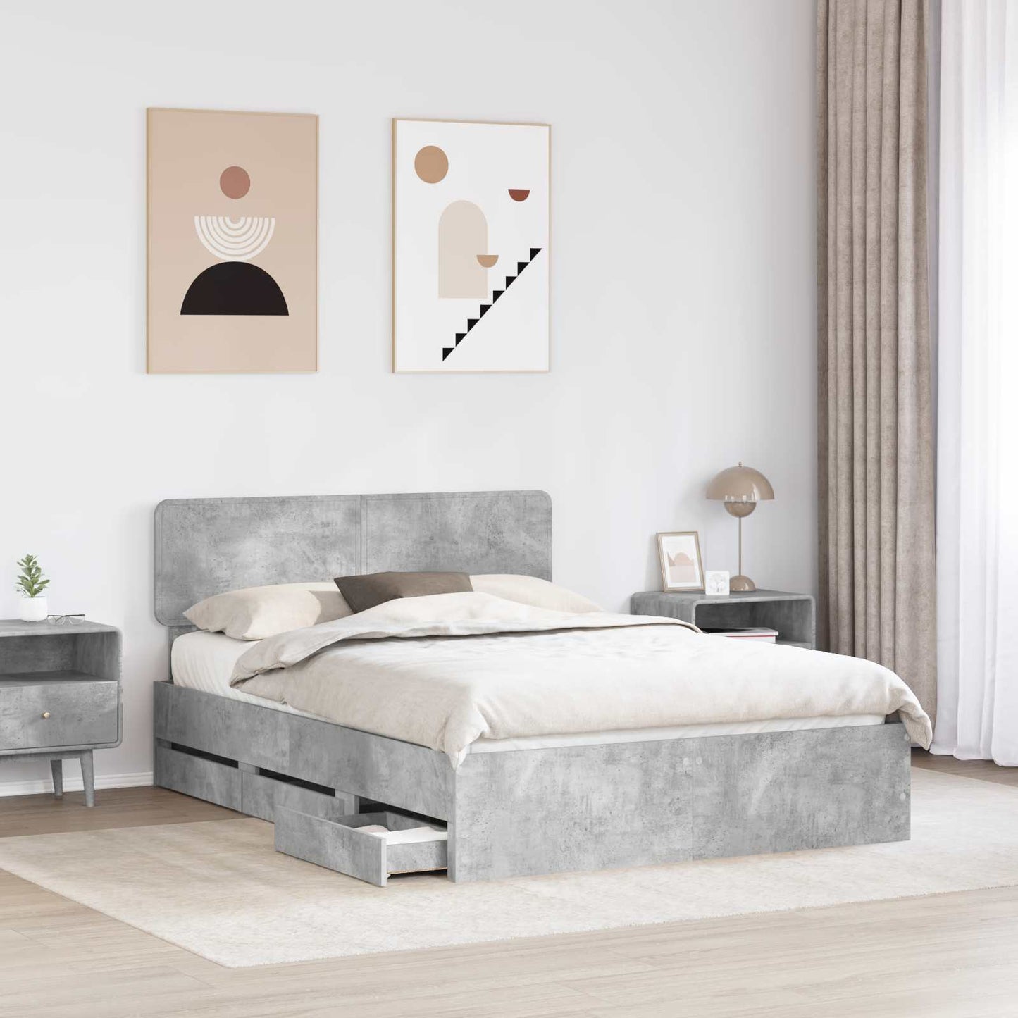 Sengestamme med skuff BetongGrå 140 x 200 cm Konstruert tre
