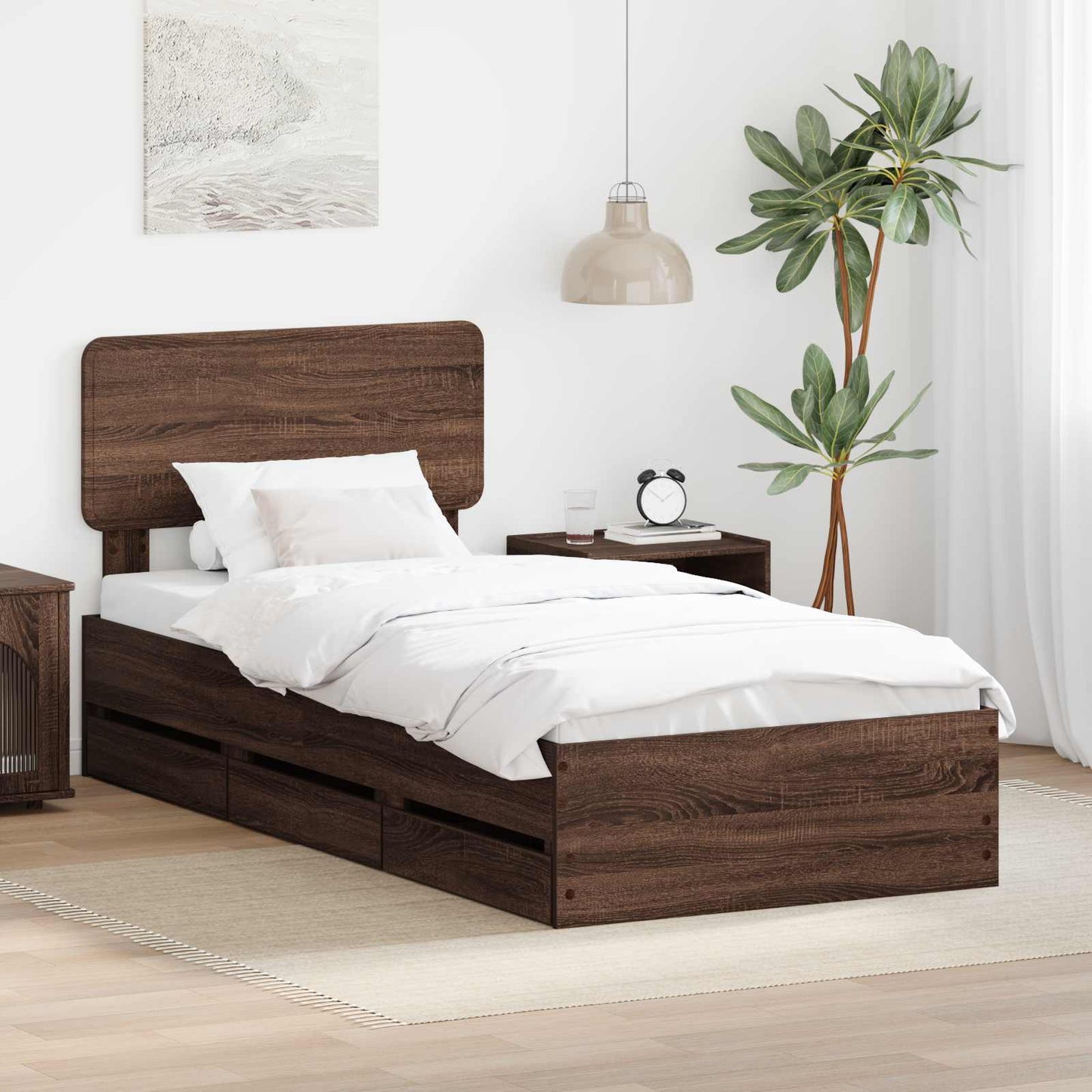 Sengestamme med skuff Brun eik 100 x 200 cm Konstruert tre