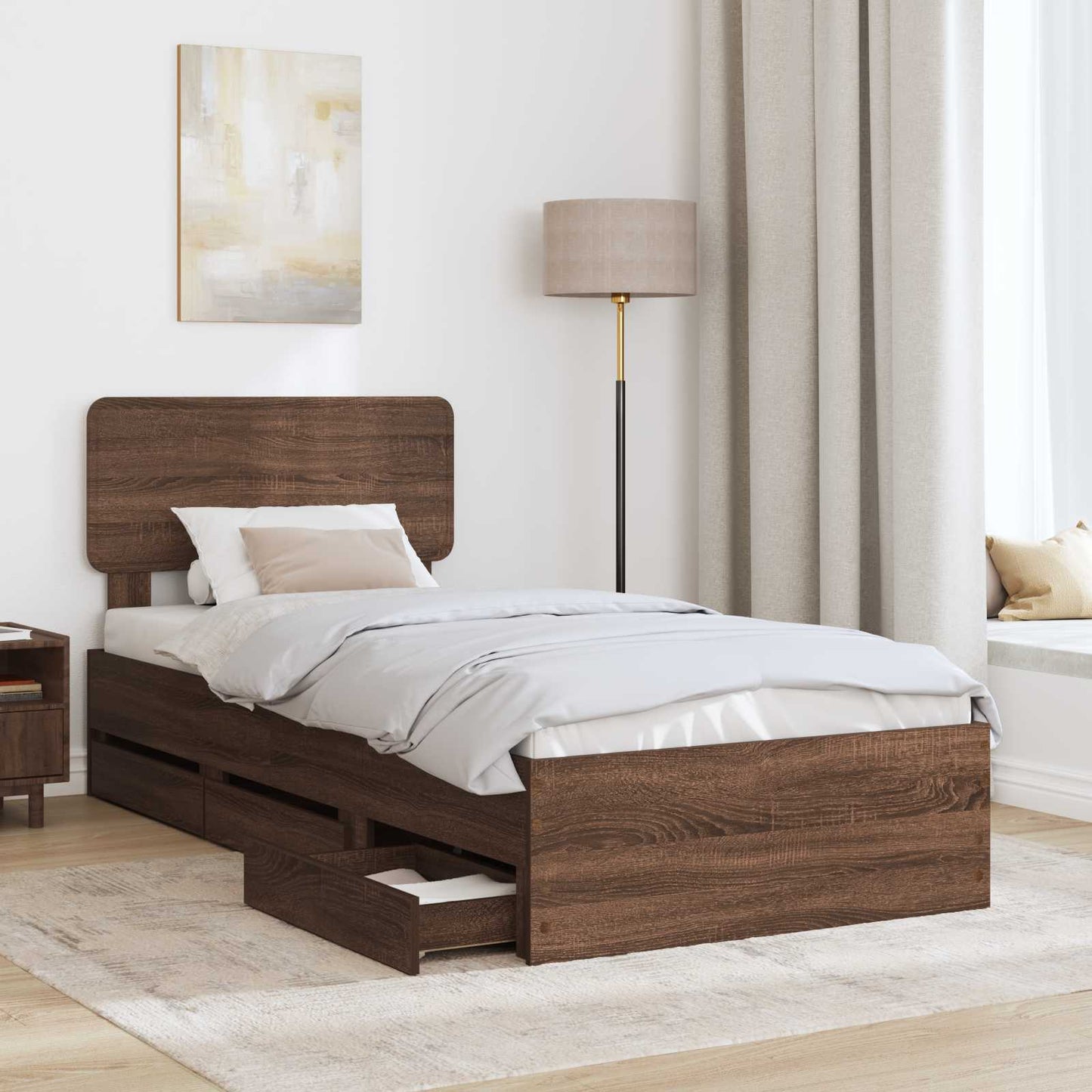 Sengestamme med skuff Brun eik 90 x 200 cm Konstruert tre