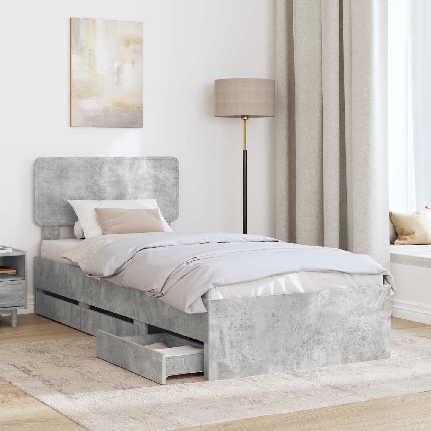 Sengestamme med skuff BetongGrå 90 x 190 cm Konstruert tre