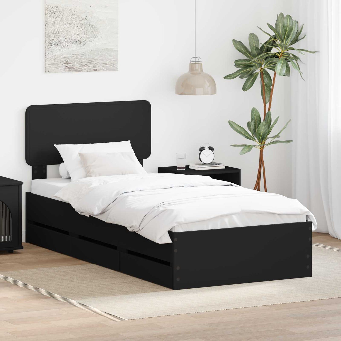 Sengestamme med skuff Svart 75 x 190 cm Konstruert tre