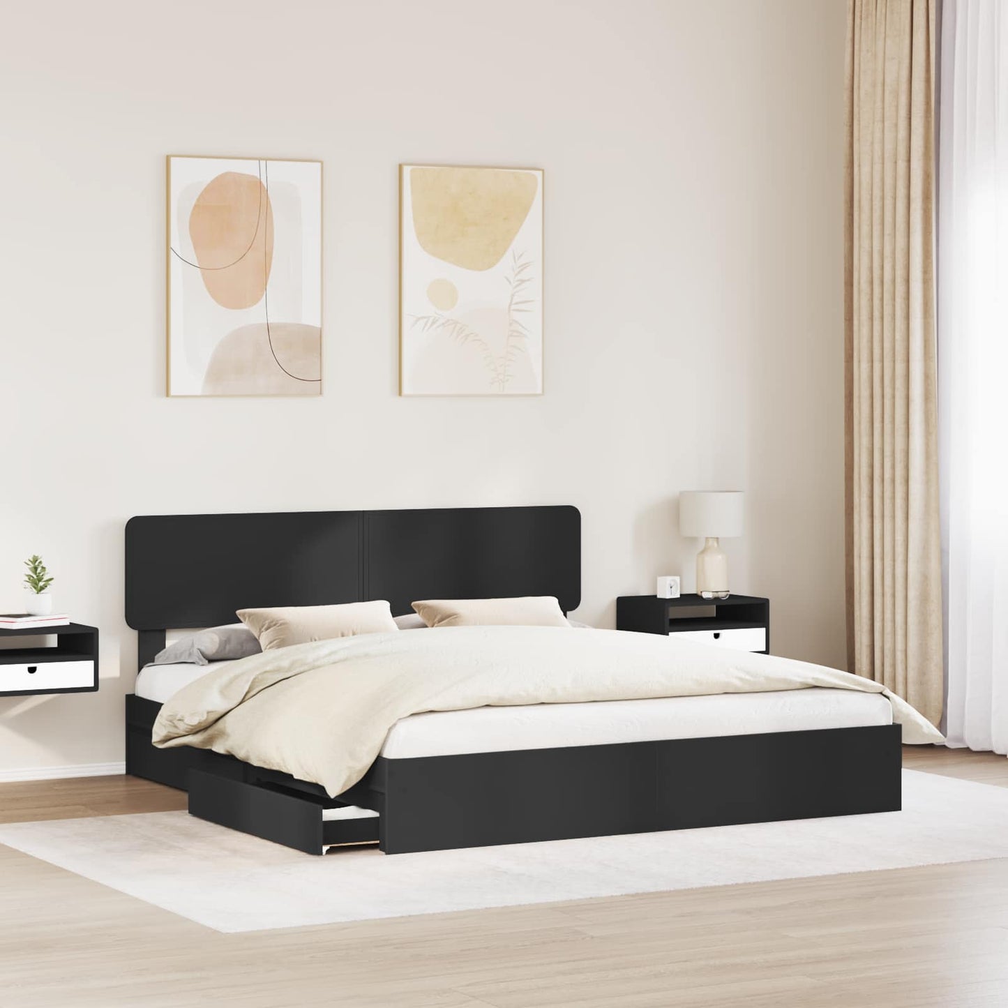 Seng med Oppbevaring Svart 200 x 200 cm Konstruert tre