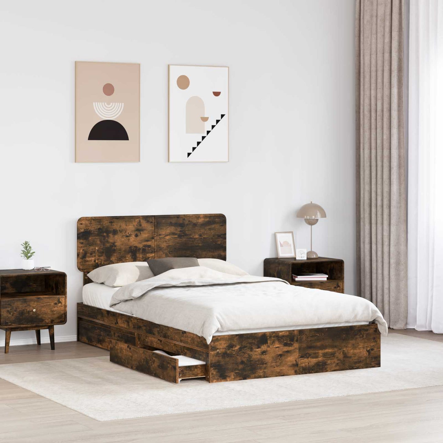 Seng med Oppbevaring Røkt eik 135 x 190 cm Konstruert tre