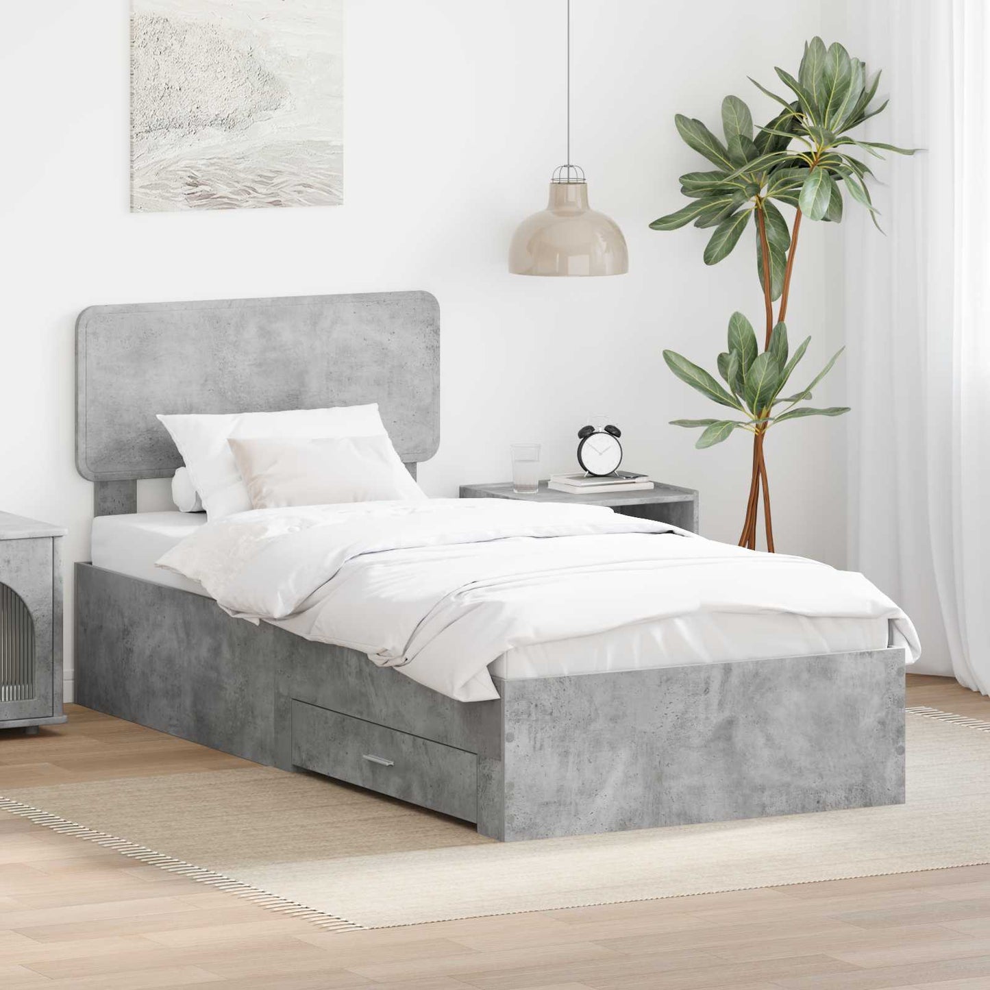 Sengestamme med hodegjerde Betonggrå 90 x 200 cm Konstruert tre