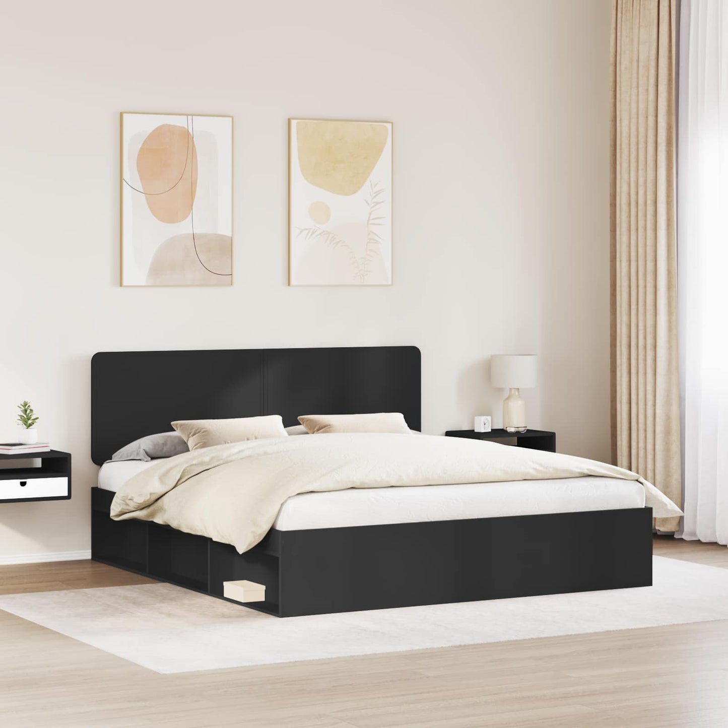 Sengestamme med hodegjerde Svart 200 x 200 cm Massiv furu