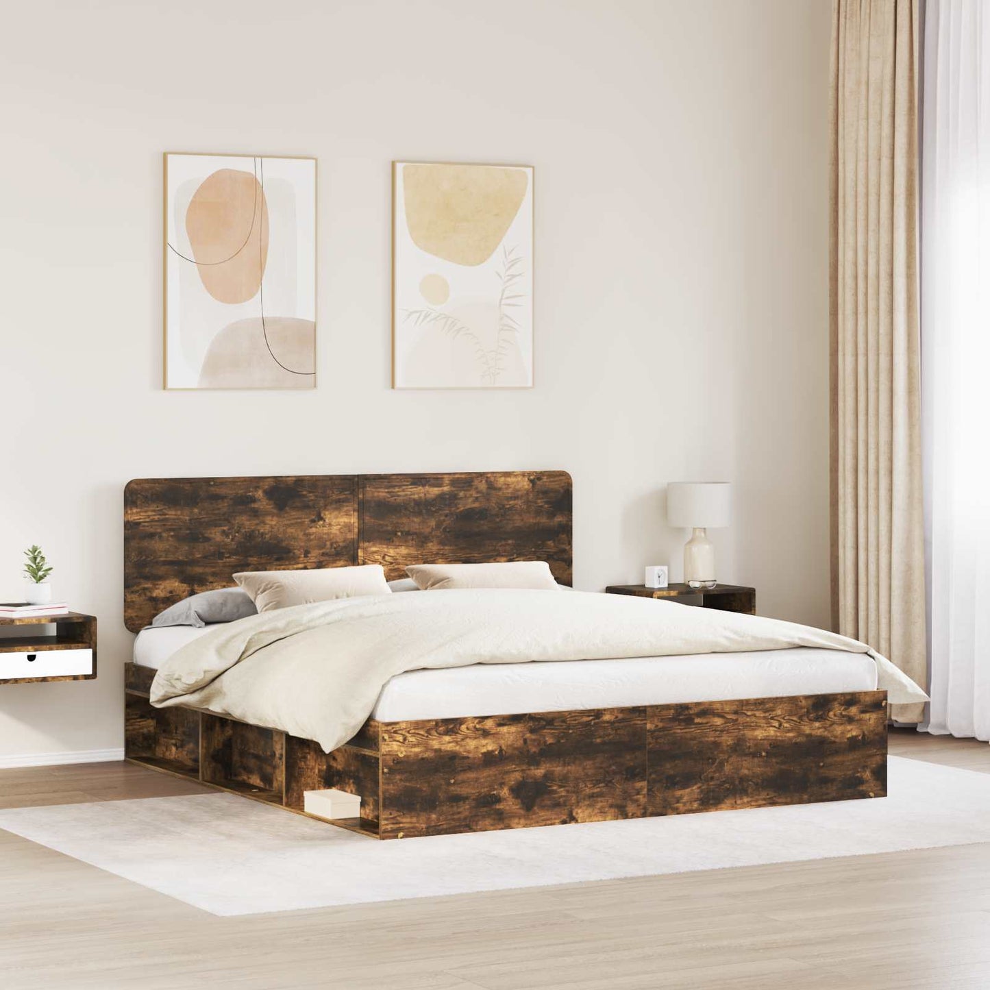 Sengestamme med hodegjerde Røkt eik 200 x 200 cm Massiv furu