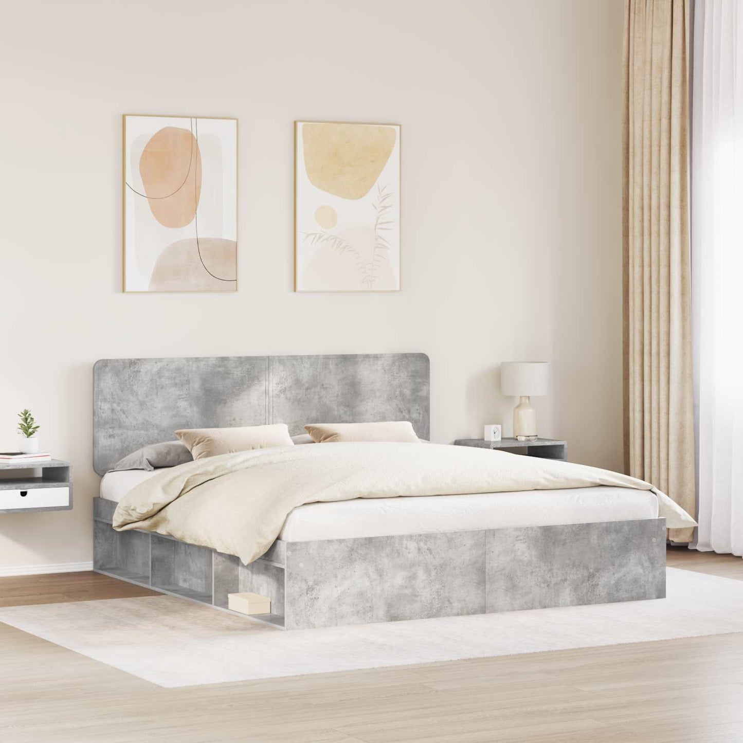 Sengestamme med hodegjerde Betong 180 x 200 cm Massiv furu