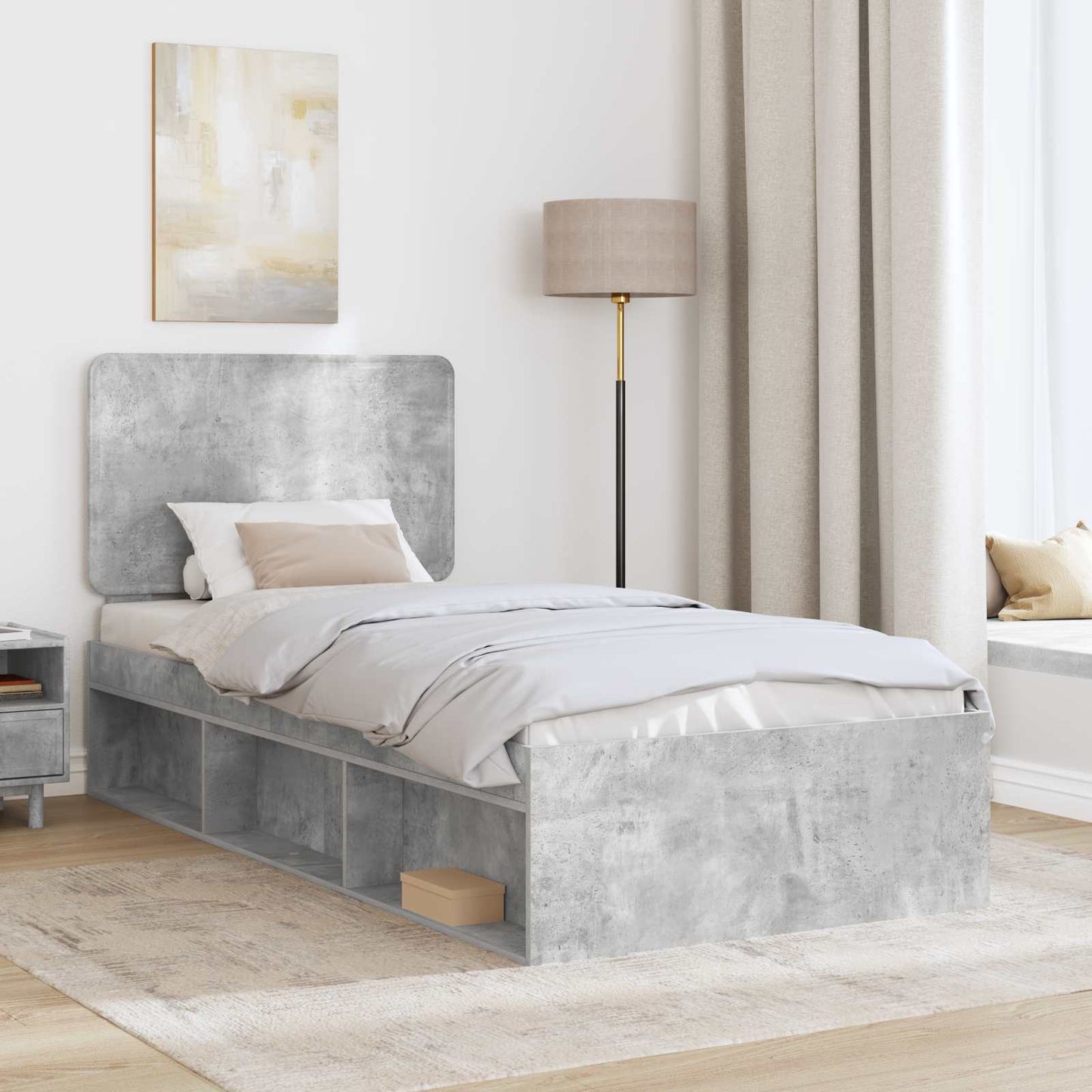Sengestamme med hodegjerde Betong 90 x 200 cm Massiv furu