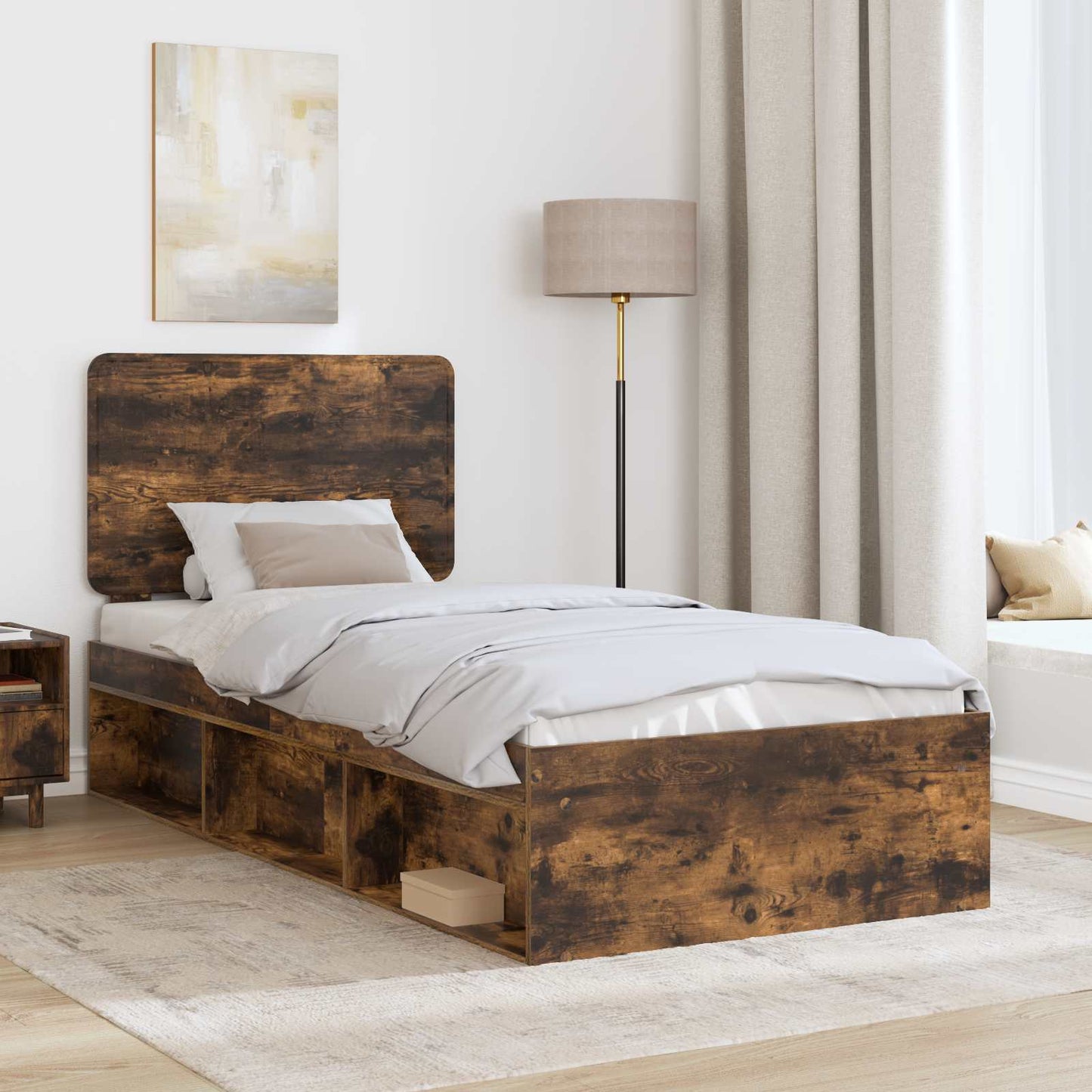 Sengestamme med hodegjerde Røkt eik 90 x 200 cm Massiv furu