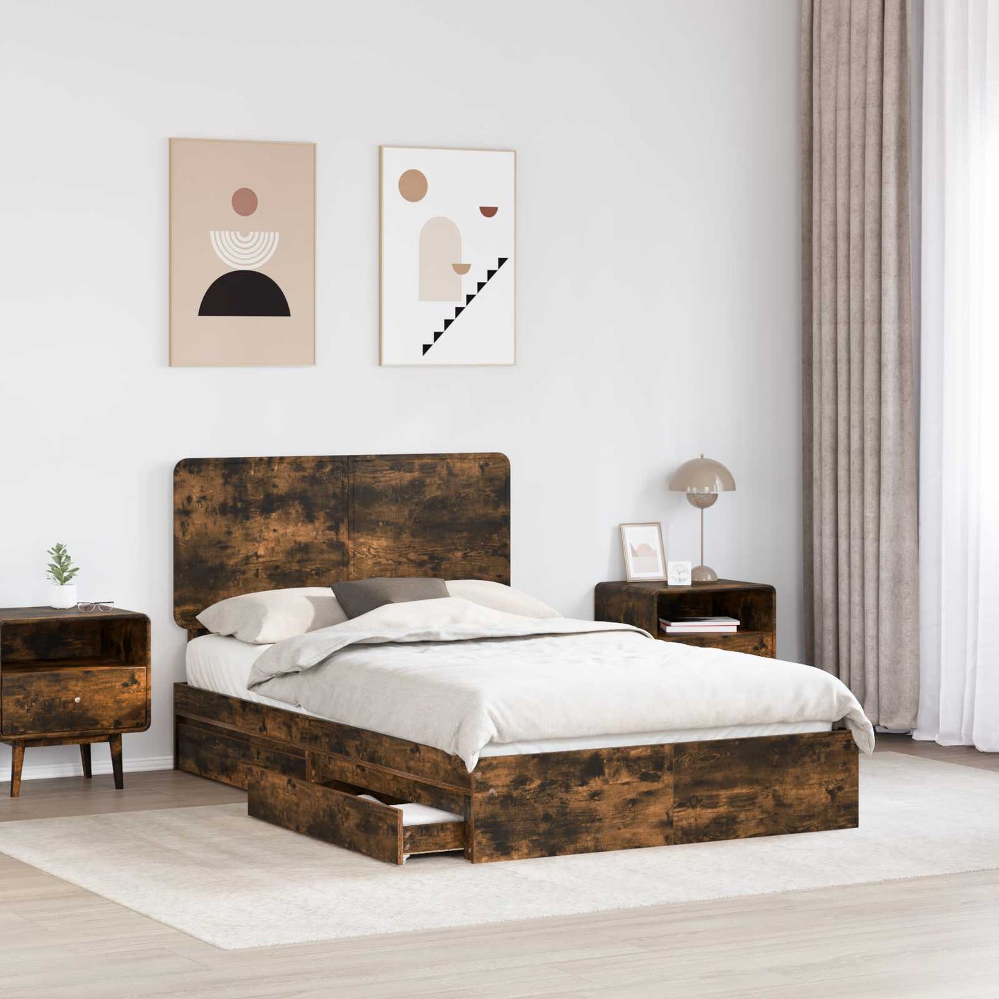 Seng med Oppbevaring Røkt eik 135 x 190 cm Konstruert tre