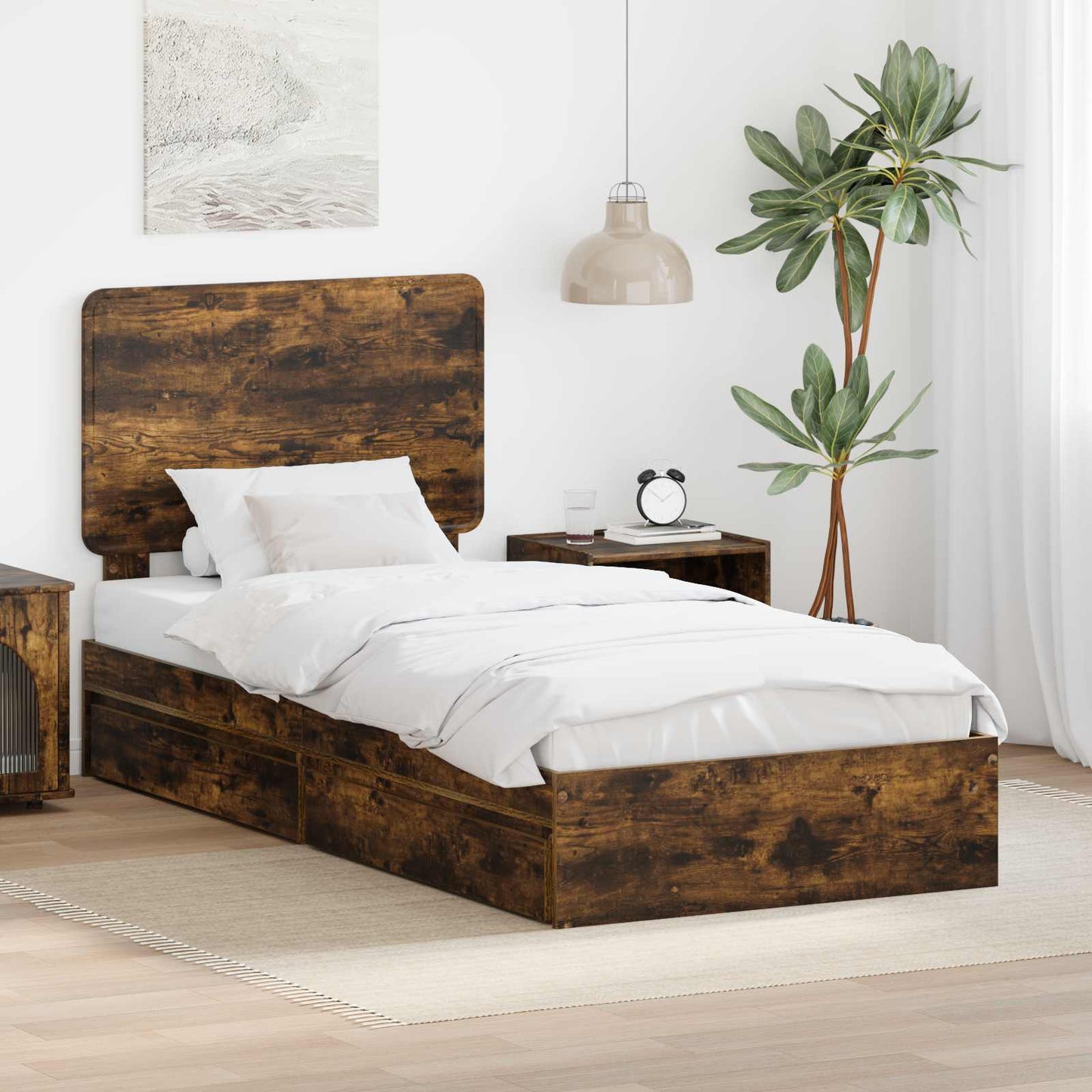 Seng med Oppbevaring Røkt eik 90 x 190 cm Konstruert tre