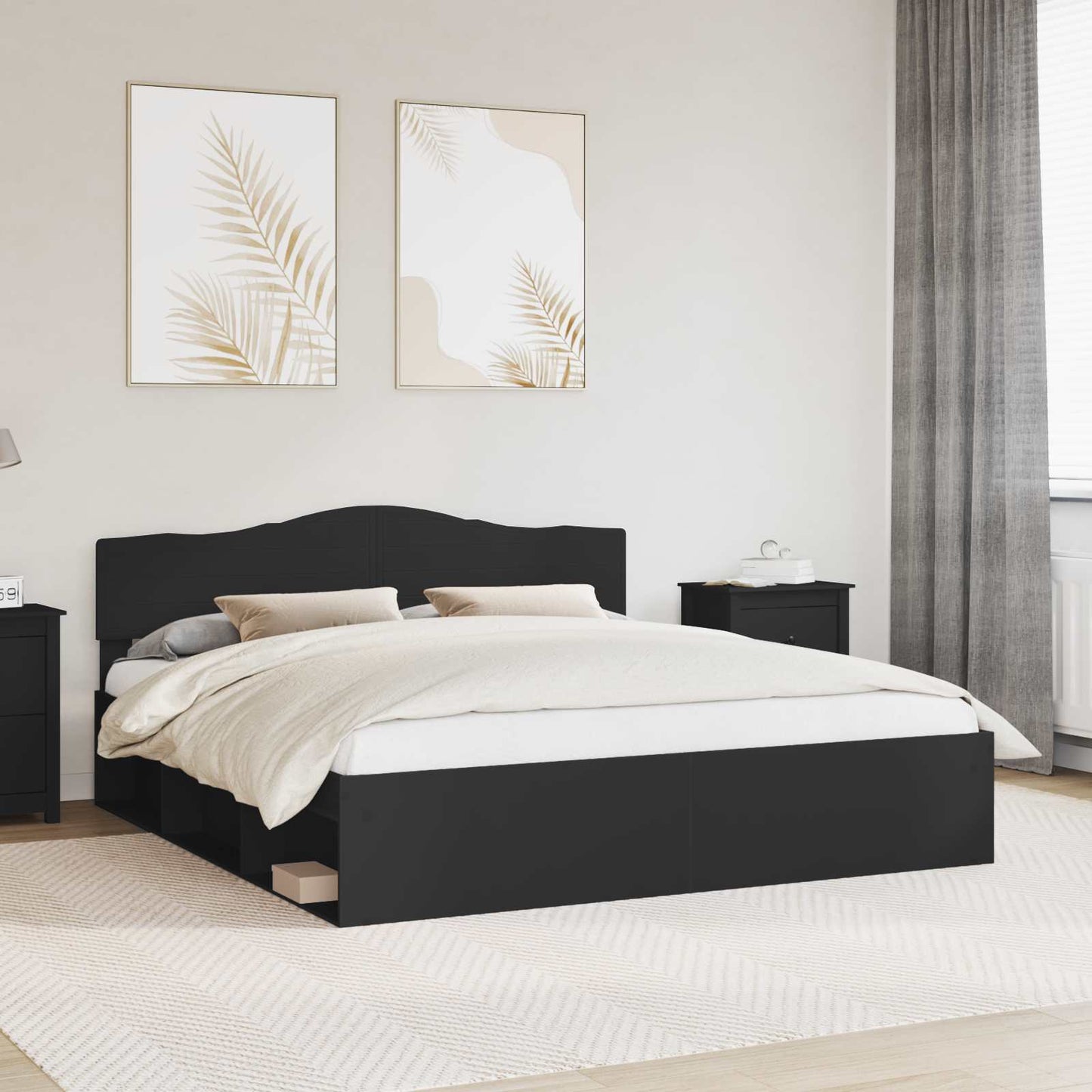 Sengestamme med hodegjerde Svart 200 x 200 cm Massiv furu