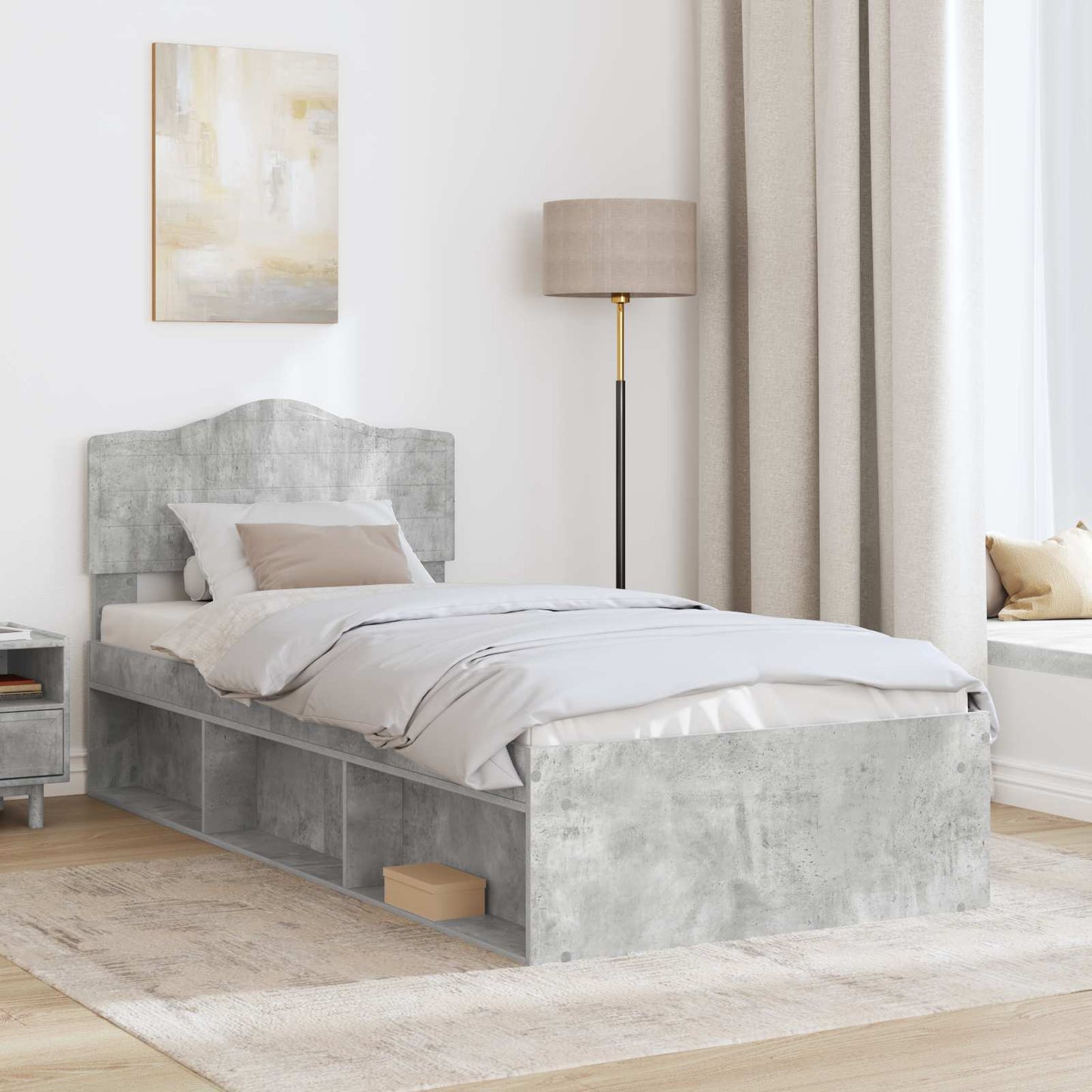 Sengestamme med hodegjerde Betonggrå 90 x 190 cm Massiv furu