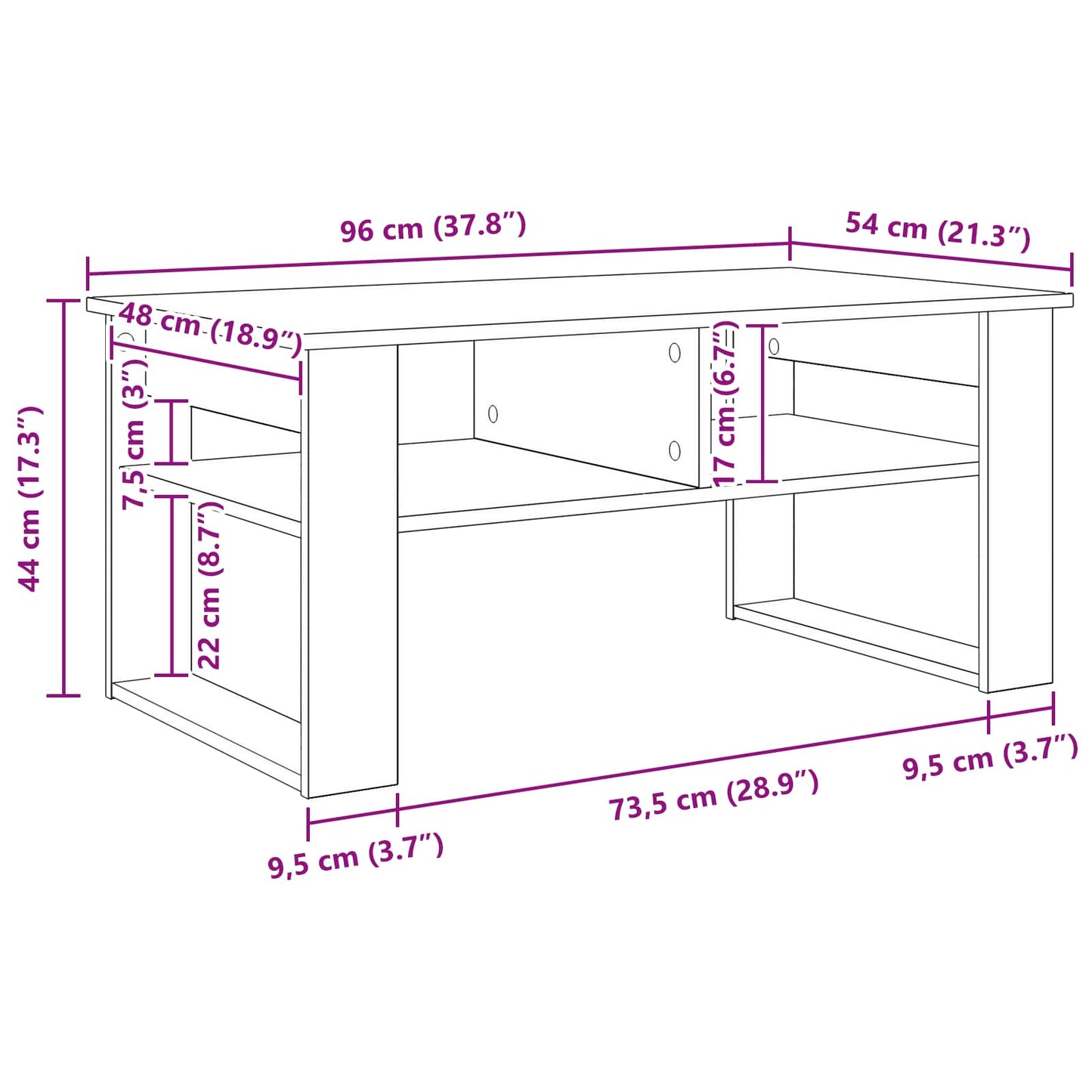 Kaffebord med lagring Sonoma eik 96 x 54 x 44 cm Konstruert tre