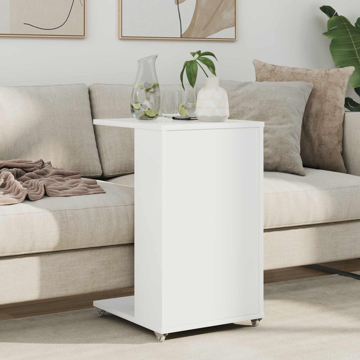 Sidetabell med hjul Hvit 40 x 35 x 60 cm Konstruert tre