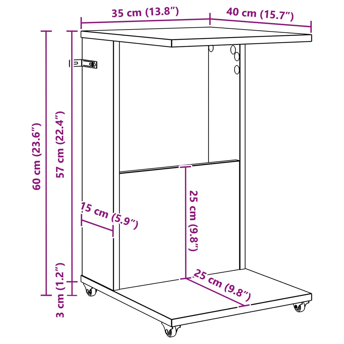 Sidetabell med hjul Artisan Eik 40 x 35 x 60 cm Konstruert tre