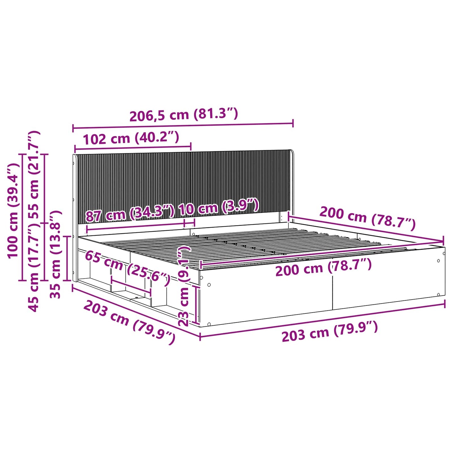 Sengramme med oppbevaring og hodegavl Svart 200 x 200 cm