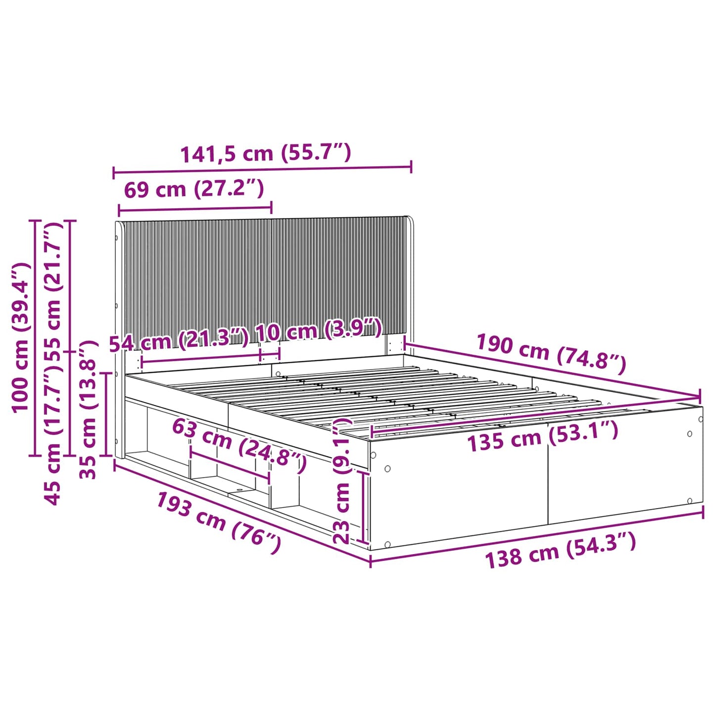Sengramme med oppbevaring og hodegavl Gammelt tre 135 x 190 cm
