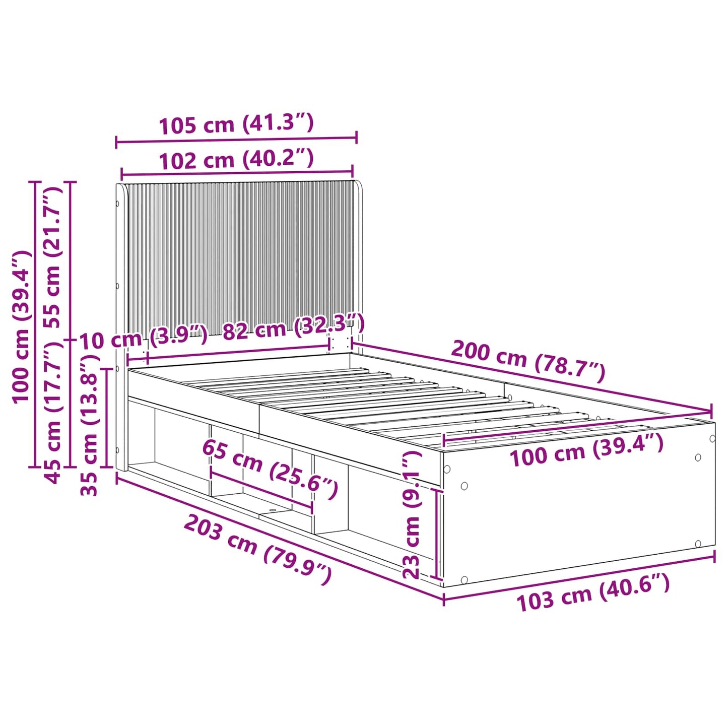 Sengramme med oppbevaring og hodegavl Betonggrå 100 x 200 cm