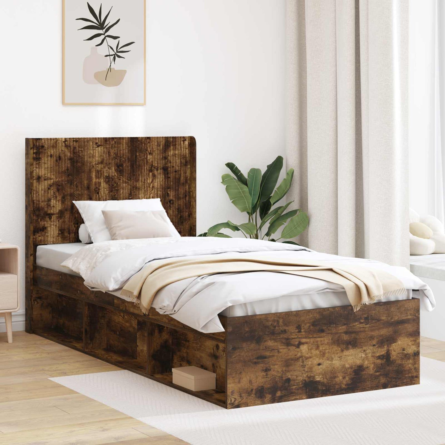 Sengramme med oppbevaring og hodegavl Røkt Eik 100 x 200 cm