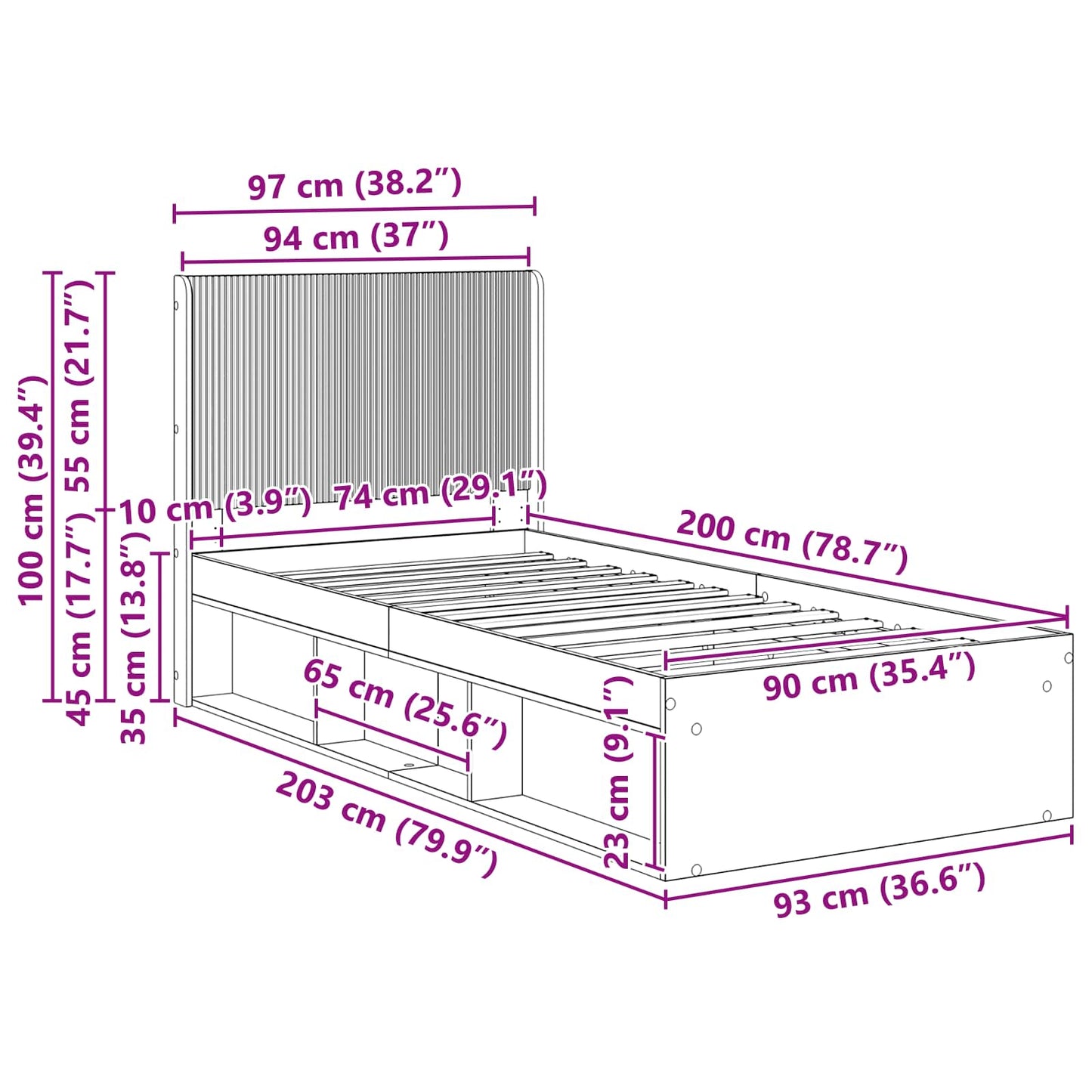 Sengramme med oppbevaring og hodegavl Betonggrå 90 x 200 cm