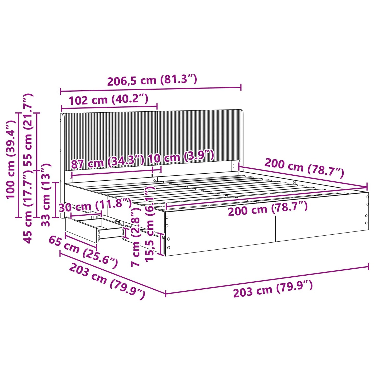 Sengramme med oppbevaring og hodegavl Svart 200 x 200 cm
