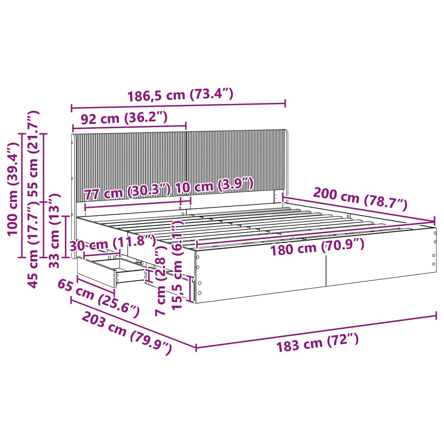 Sengramme med oppbevaring og hodegavl Betonggrå 180 x 200 cm