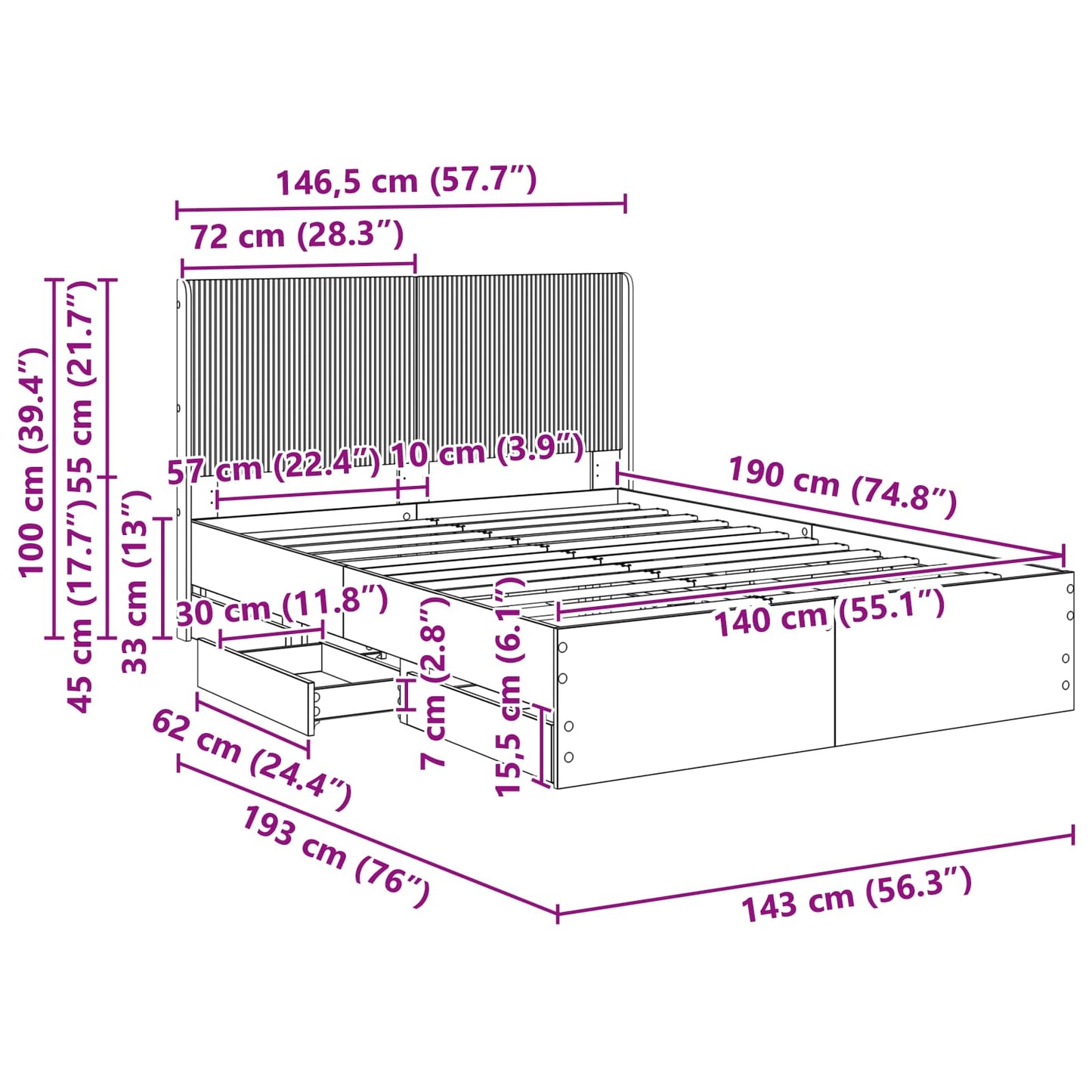 Sengramme med oppbevaring og hodegavl Svart 140 x 190 cm