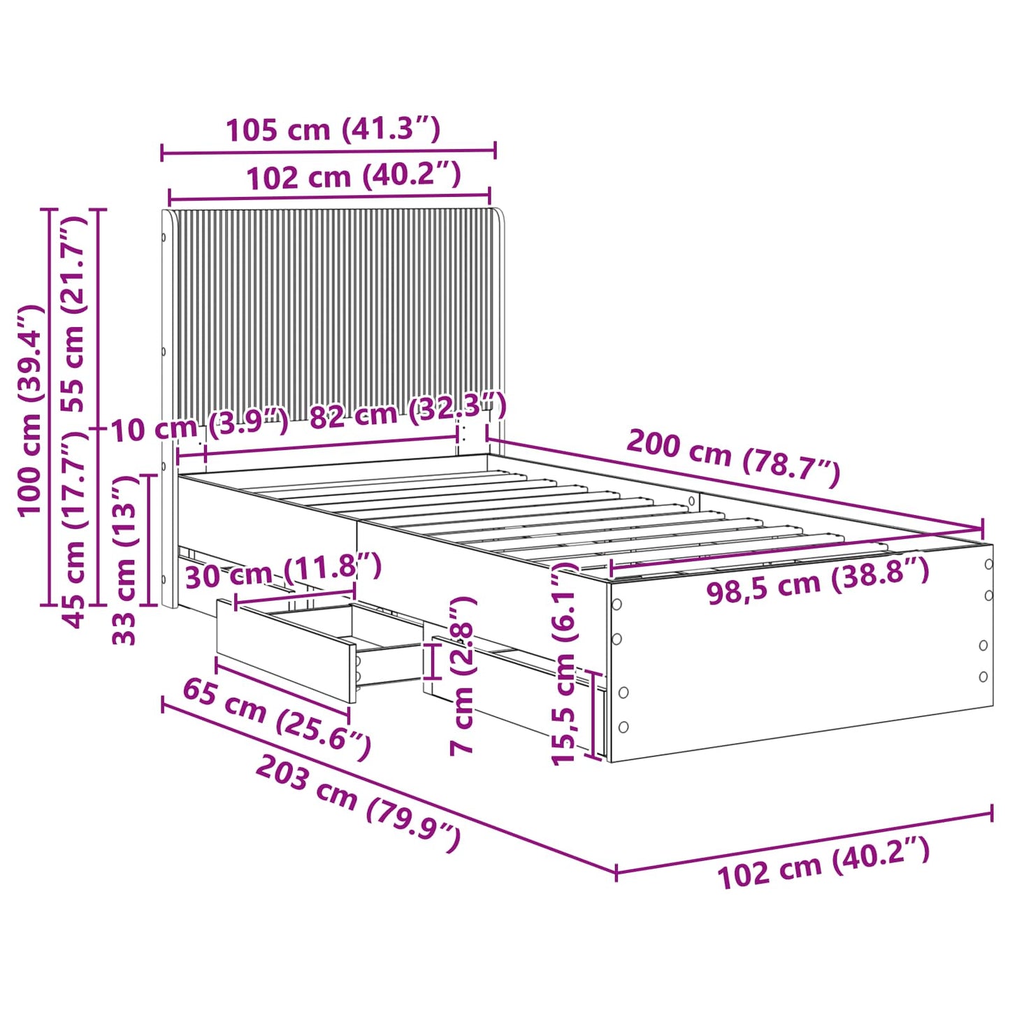 Sengramme med oppbevaring og hodegavl Hvit 100 x 200 cm