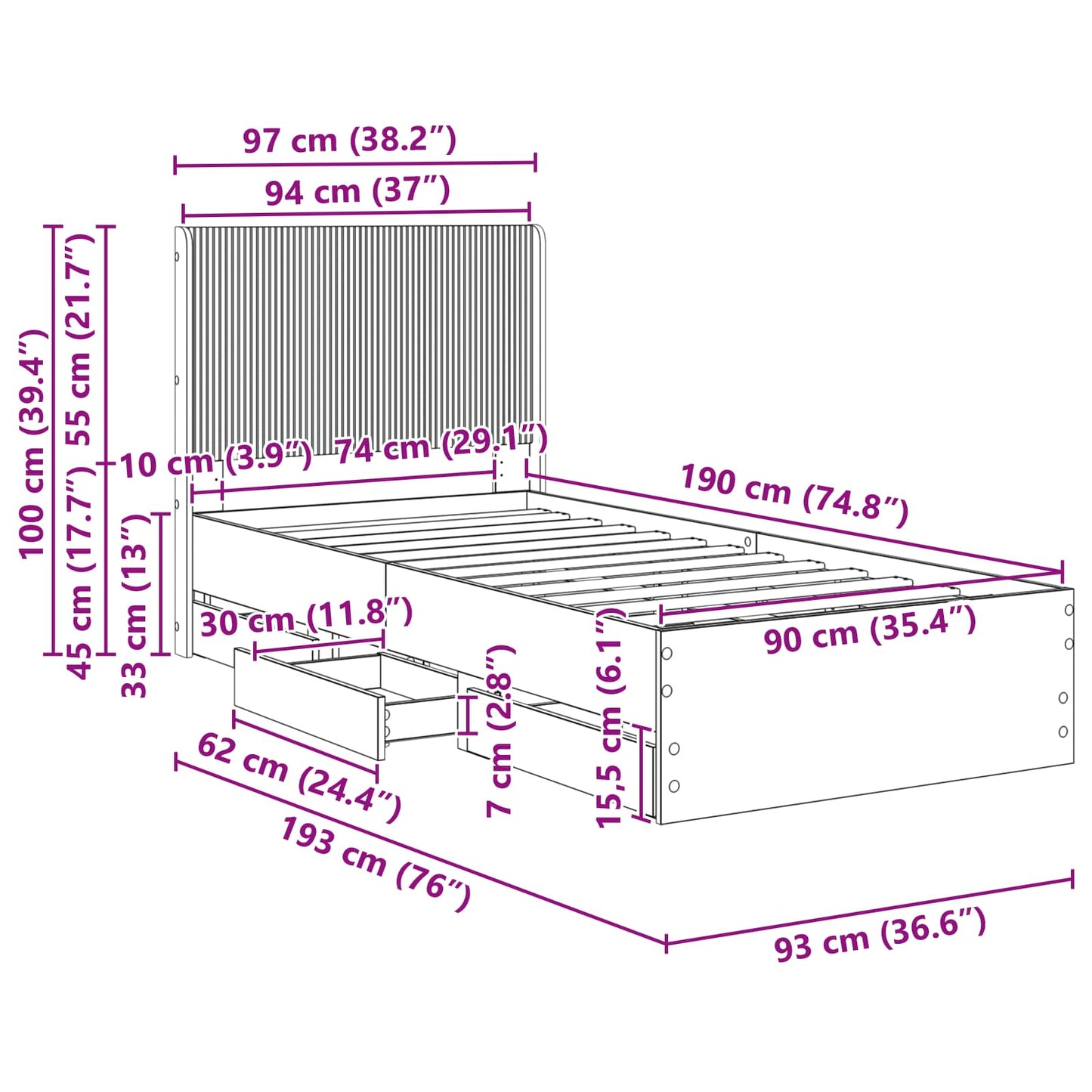 Sengramme med oppbevaring og hodegavl Hvit 90 x 190 cm