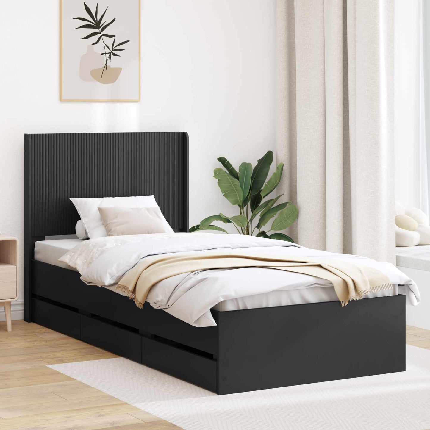Sengramme med oppbevaring og hodegavl Svart 90 x 190 cm