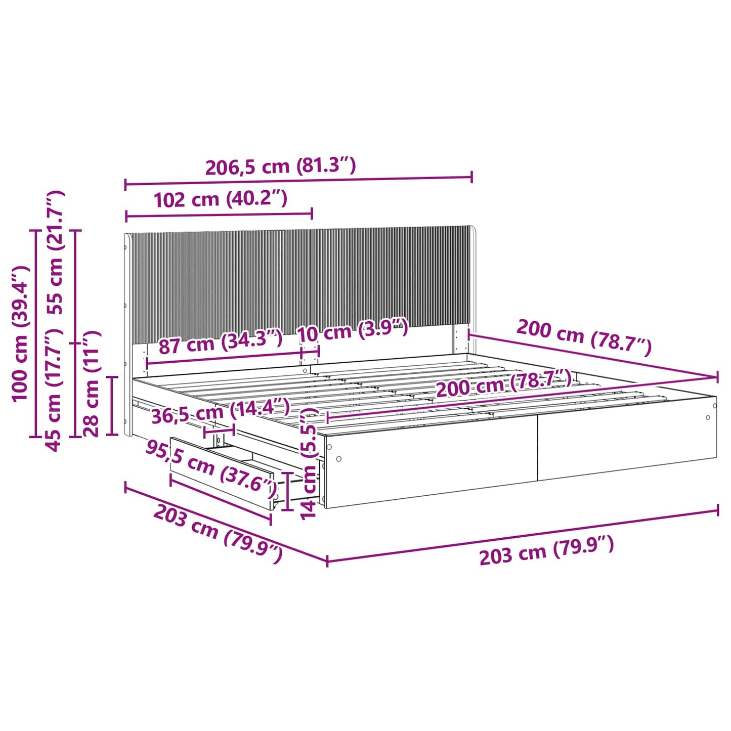 Sengramme med oppbevaring og hodegavl Betonggrå 200 x 200 cm