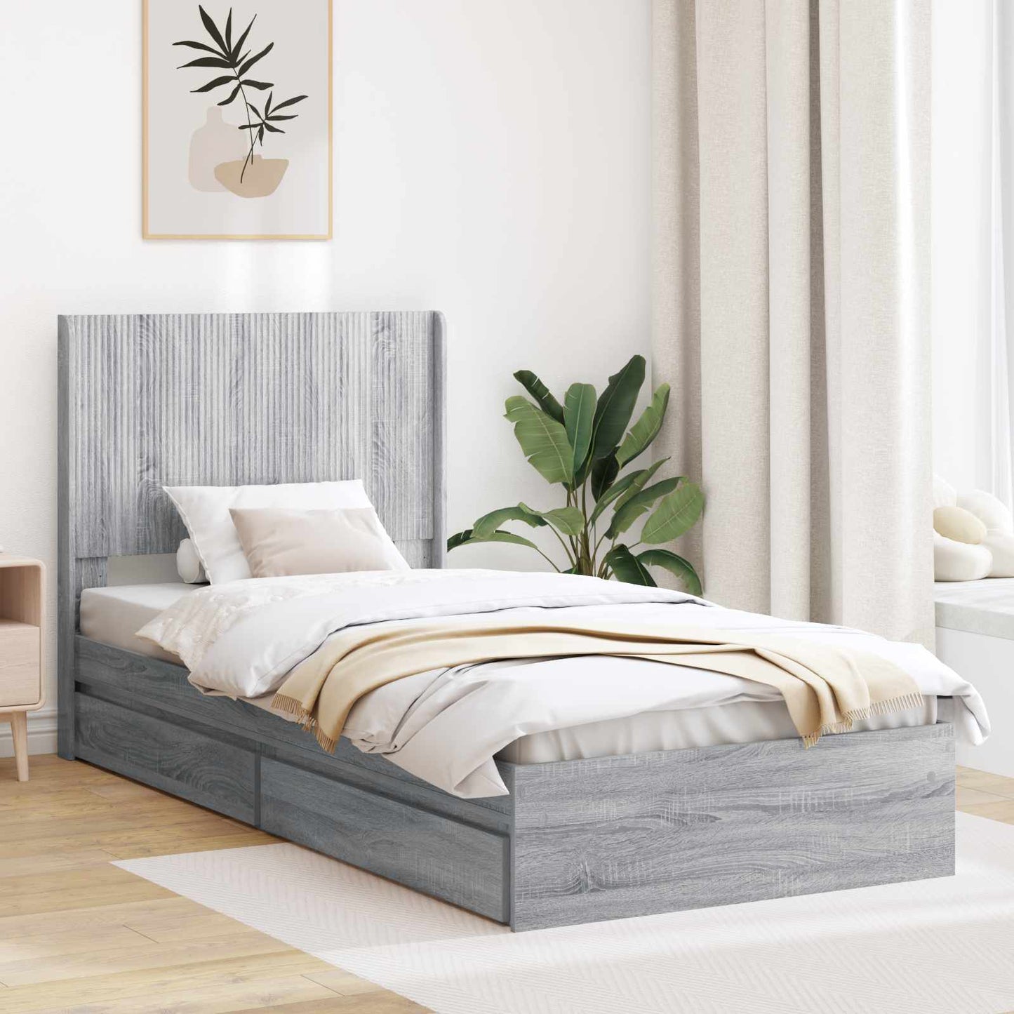 Sengramme med oppbevaring og hodegavl Grå Sonoma 100 x 200 cm