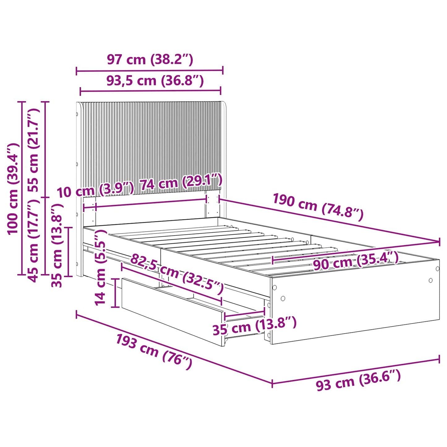 Sengramme med oppbevaring og hodegavl Sonoma eik 90 x 200 cm