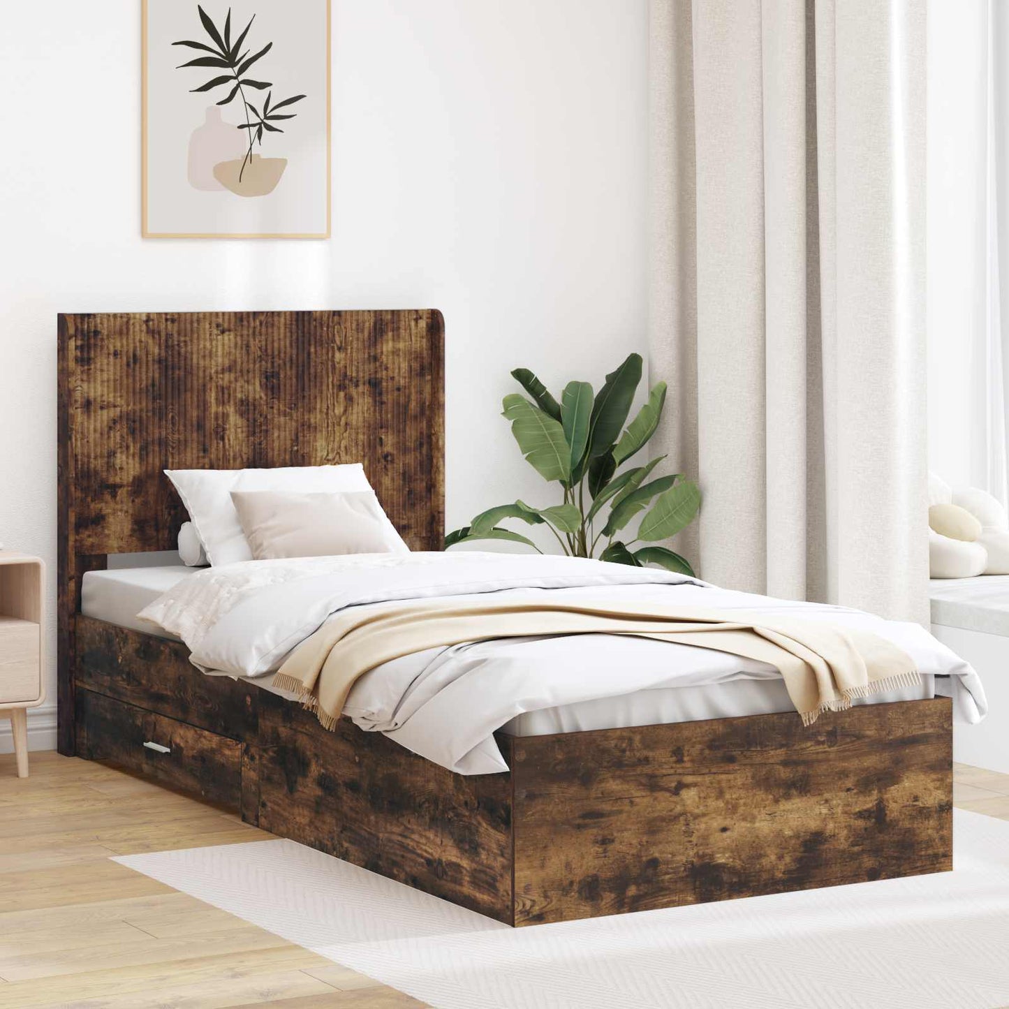 Sengramme med oppbevaring og hodegavl Røkt Eik 100 x 200 cm