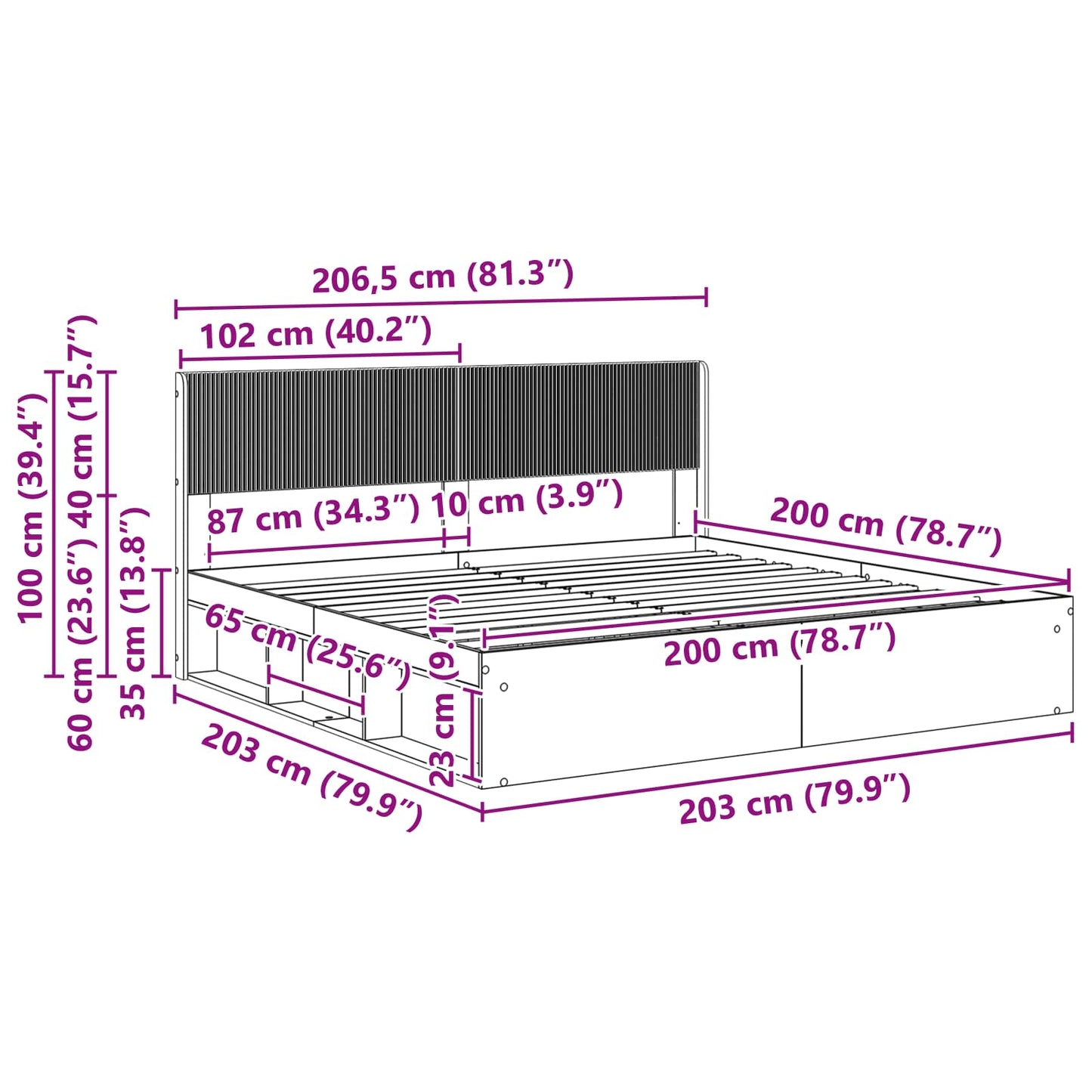 Sengramme med oppbevaring og hodegavl Hvit 200 x 200 cm