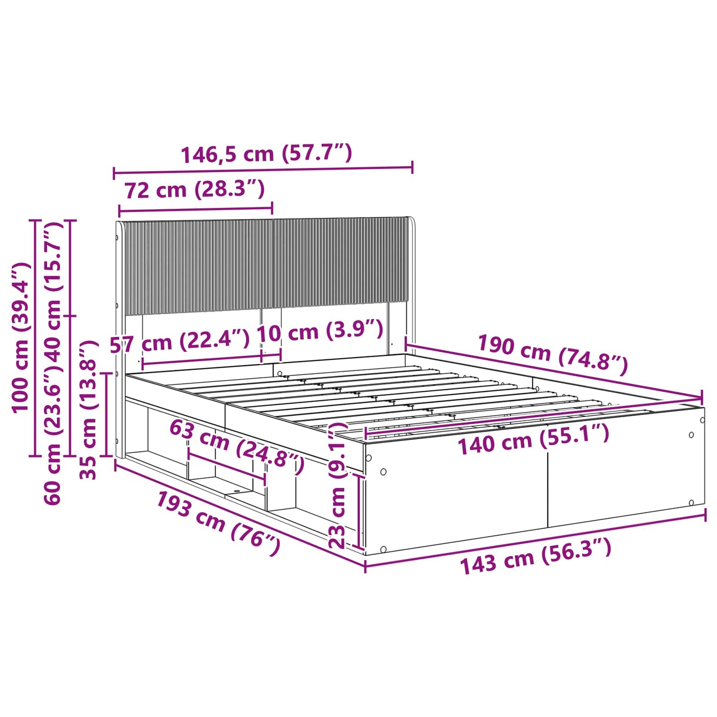 Sengramme med oppbevaring og hodegavl Hvit 140 x 190 cm